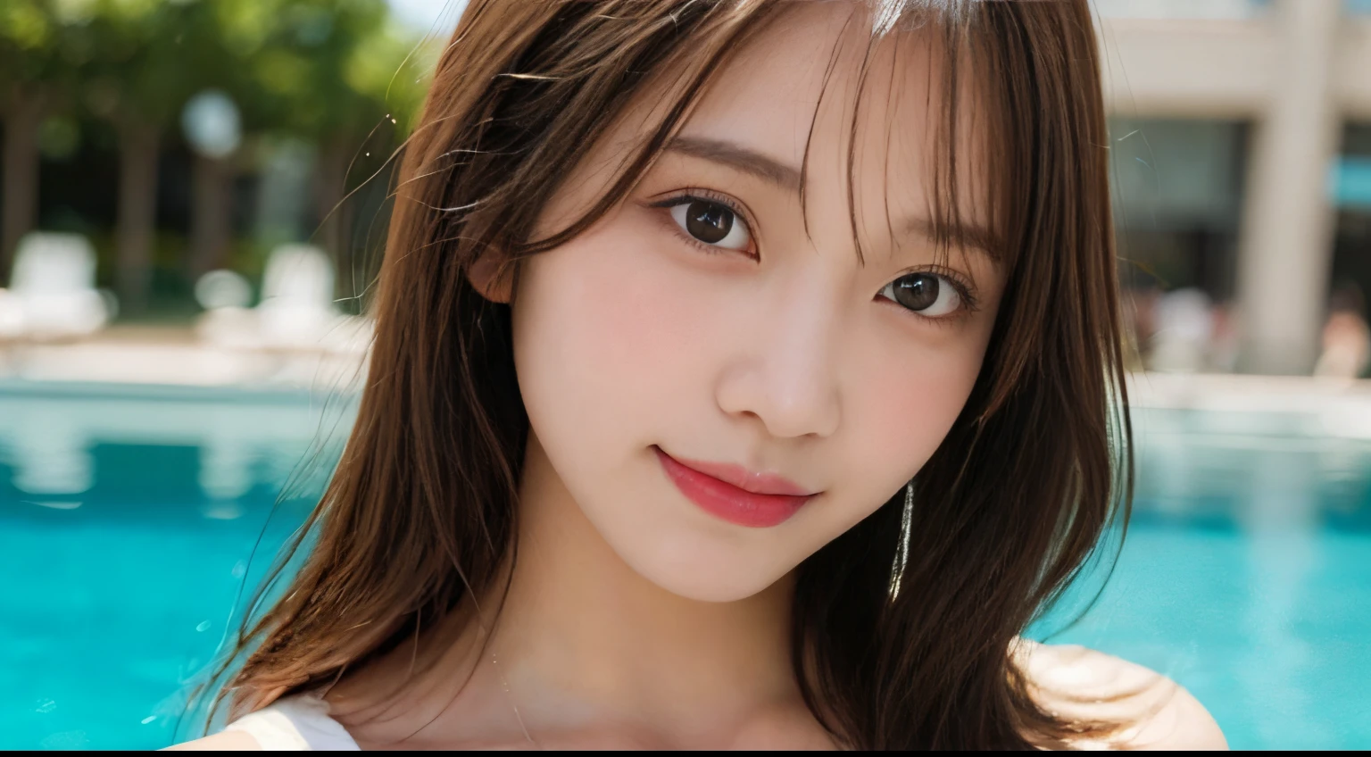 masutepiece, Best Quality, Illustration, Ultra-detailed, finely detail, hight resolution, 8K Wallpaper, Perfect dynamic composition, Beautiful detailed eyes, she is wearing a white bikini swimsuit,Medium Hair,Natural Color Lip, Smile,Harajuku、20 years girl、Cute、is looking at the camera、C Cup、Brown hair、caste-like face、Blurry pool background