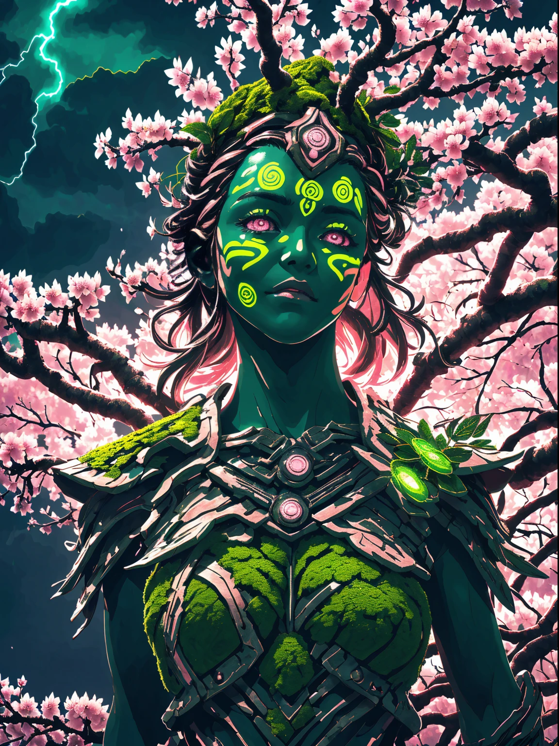 Plant Maiden，metal leaf，Wired branch，glowing light eyes，mechanical bark，bark covered with moss，tribe outfit，majestic figure，(ancient tribal markings)，Control the tendrils extending from the arms，Neon lights dance on the body，(Lightning around branches and leaves)，(peach blossom)，The petals are soft and delicate，vibrant with colors，(A harmonious blend of green and pink)，(Ominous dark clouds in the sky)，Night atmosphere，A futuristic，Vibrant colors and high-contrast lighting，Dramatic shadows and highlights.(Best quality at best, 4K, 8K, tmasterpiece: 1.2), (actual, photograph realistic, photograph realistic: 1.37)