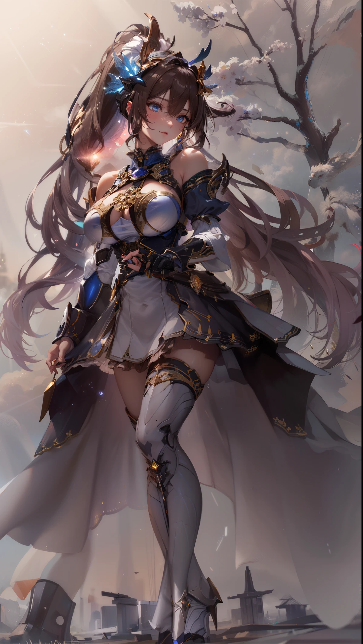 ​masterpiece、best、(realisitic、Female one、Soio、beauitful face、Slender face、Beautiful pupils)、(breastsout)、thighs thighs thighs thighs、long、poneyTail、Milk、reddish、shinobi、ninjartist、Shoulder out、elbow groves、Skirt curtain、Uchiwa、Uchiwa Crown Chakra RPG Character, spiritually enlightened warrior, divine connection, High awareness, vibrant aura, Powerful energy, complex armour, elaborate helmet, radiant crown, Ethereal light, Golden halo, peaceful expression, Calm eyes, a serene smile, Seraphic Wings, Ancient symbols, Mystical wand, Sacred Scrolls, exquisite robe, Transcendent Existence, Celestial Guardian, Mystical powers, embodiment of wisdom, Glowing energy, Graceful movement, symbolic tattoo, radiant light rays, harmonious balance, Enigmatic aura, resonance frequency, beyond dimensions, strengthened spirit, Spiritual enlightenment, magic sword, Astral projection, universal connection, Inner peace, Revealed divinity, transformed soul, supreme being, divine essence, Ancient prophecy, infinite possibilities, reveal the mystery, giga_big breasted battle mecha，（Blonde girl），(Huge ponytail),Glowing blue eyes，Blue Light Energy Longsword，Galactic，Mechanical and exquisite，（（Blonde Beauty））pubic detail，mech wings，elegent，Blue Mecha，Glowing blue-blue eyes，（Stocking Heels），land，Mechanical and exquisite，pubic detail，mech wings，elegent，The tree々，There are hands and feet，angled，angled，immensity，Wind，hazy，Mecha's eyes glow blue，Blue Mecha，Glowing blue-blue eyes，Holding the sword of delicate light energy，Skysky，Mechanical and exquisite，pubic detail，Huge mech wings，elegent，The tree々，There are hands and feet，angled，angled，immensity，baiyun，hazy，Mecha's eyes glow blue，pubic detail，Winds of the future，sacredness，Cavalier，battlemech，Glowing blue eyes，Blue Delicate Sniper Rifle，Skysky，Mechanical and exquisite，pubic detail，Huge mech wings，elegent，The tree々，There are hands and feet，angled，angled，immensity，baiyun，hazy，Mecha's eyes glow blue，pubic detail，Winds of the future，sacredness，Cavalier，the face is clear，Face wearing mask armor，masterpaintings，best qualtiy，offcial art，the Extremely Detailed CG Unity 8K Wallpapers，brightened light，（light particules，（Illustration）（Farbe）goodlooking，impeccable，（（Graphic Painting）），（Heavier stroke）），（bold lines），Highest image quality，masterpaintings，Filigree，long eyeslashes，（（（silhuette））），Very detailed background，tulips，Banana leaves，lilie，dew，Date palm flowers，Ryu，Light white off-the-shoulder dress，Mottled sunlight，（Close-up of people），（（Super best quality））， （（A very masterpiece））， （（super detailing：1.4））， （（hyper realistic lifelike 3d））， Dragon Warrior Girl， Mechanical body， Dynamic action poses in battle scenes， Mechanical weapons of very complex and heavy fighters， Off-the-shoulder fashion that blends dense and complex steampunk with dense gothic ****ta， Complex steampunk headgear， very thin long legs， Mechanical boots above the knee， Fluttering lace flared mini skirt， beautiful big breasts directed upwards，Somewhat long, Vertical curly silver hair fluttering in the wind，Myriad Shining Big Seth