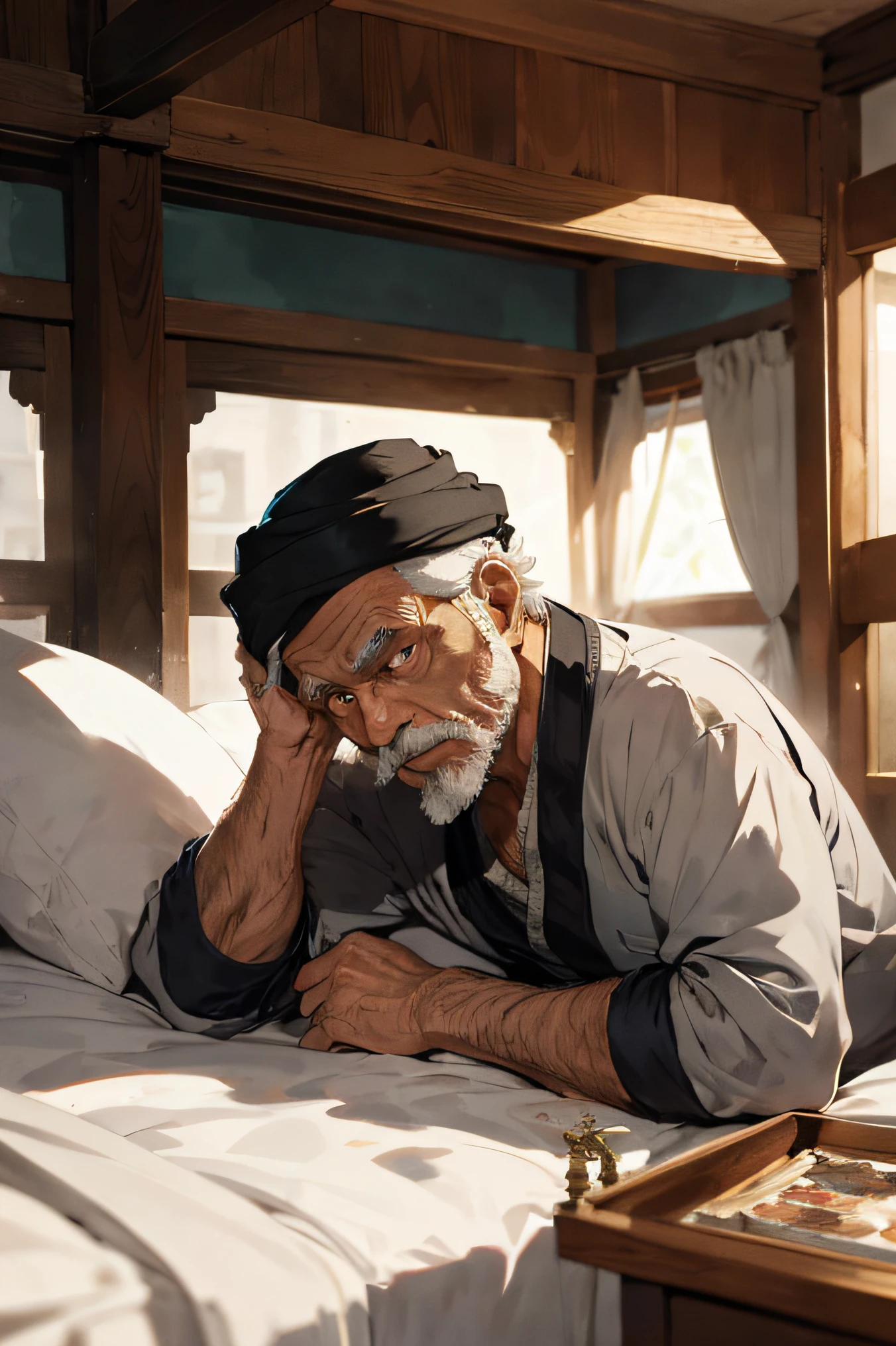 The ancient Islamic era, An elderly man is lying on the bed, Lost in thought, With his hand on his chin, As if he was thinking about deep things, Additional details, Additional detailed head, trending on Artstation, watercolor, complex details, A highly detailed, By Greg Ratkowski