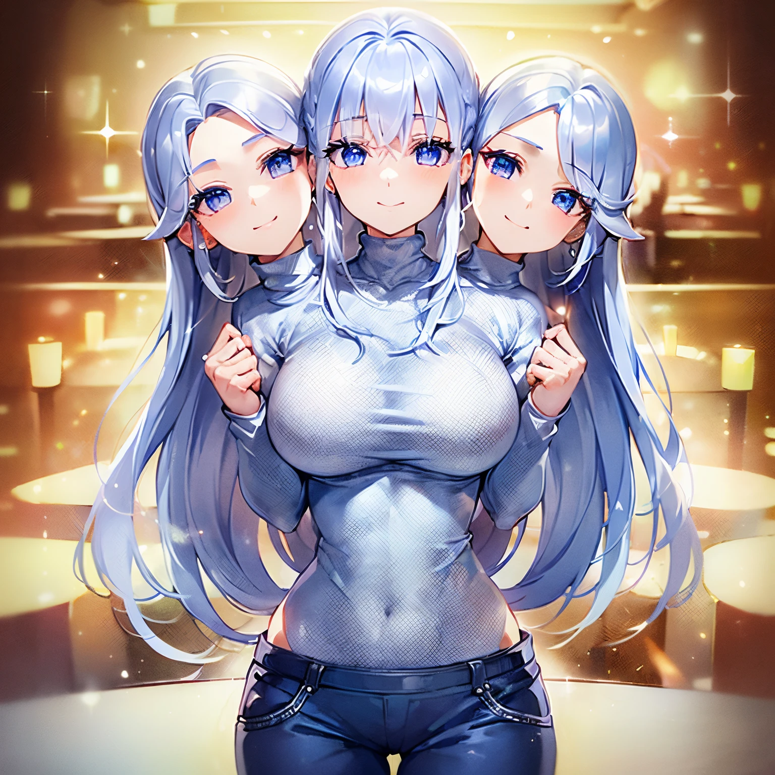(highest quality, amazing details: 1.25), (3heads:1.5), 1girl, smiling, silver hair, blue violet eyes, casual wear, white turtleneck, blue violet sweat pants, medium breasts