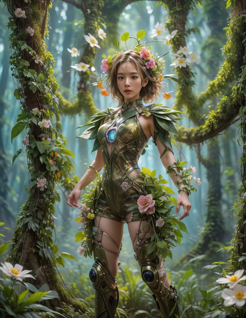 middle,(a girl made of fresh plants,Holding a futuristic sci-fi mechanical sniper gun aiming at the target,body covered with flowering plants,flower limbs,plant high heels,Plant hair,Plant clothes),blossoms,age-old tree,ln the forest,(globalillumination、Ray traching、HDR、Unrealistic rendering、Rational design、tmasterpiece、best qualtiy、hyper HD、cinmatic lighting,anatomy correct,Beautiful girl facial features,Anatomically correct and precise facial structure, detailed facial depiction, and delicate facial features)