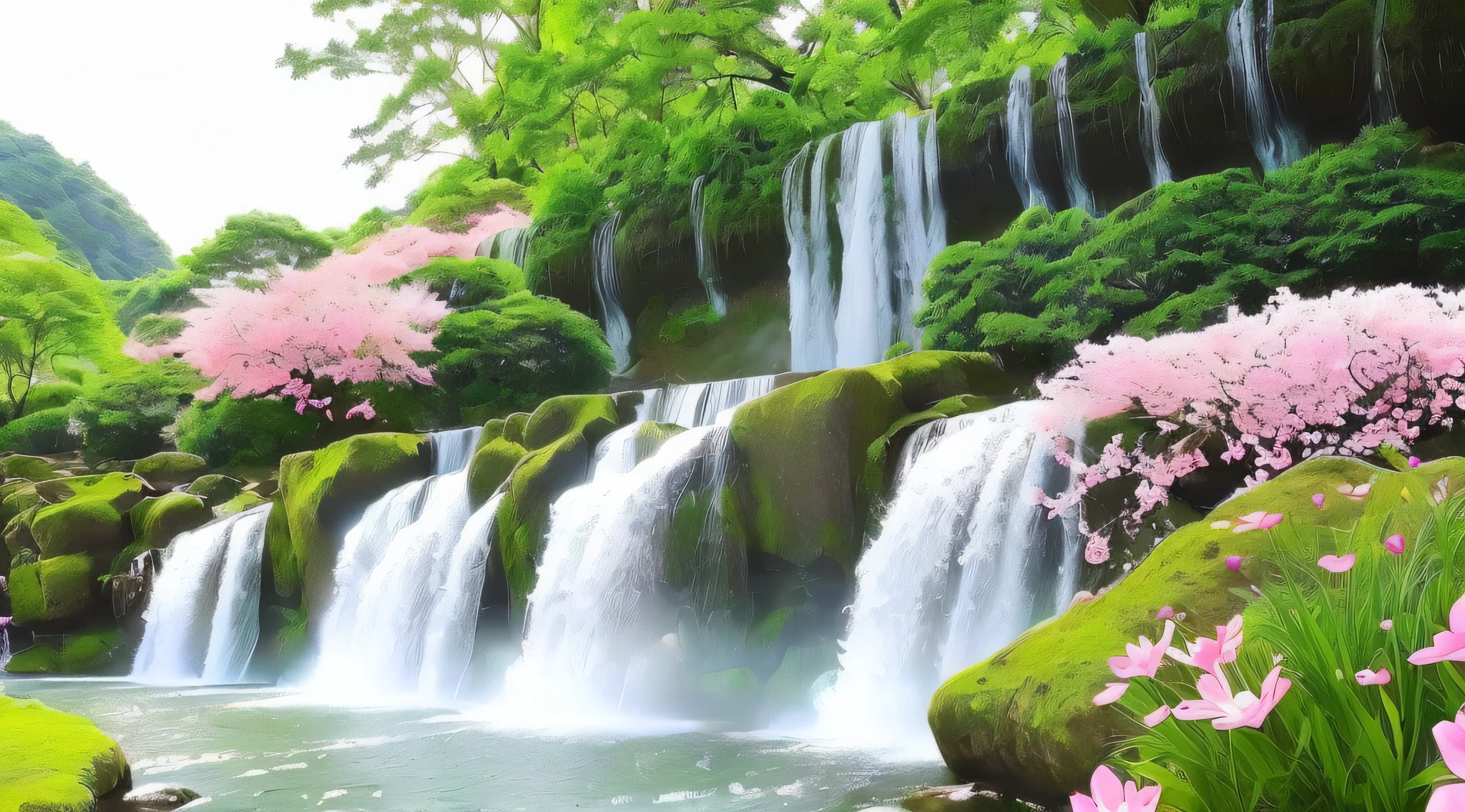 waterfall with pink flowers and green grass in a park, peaceful beautiful waterfall, flowers and waterfalls, pink waterfalls, beautiful waterfall, waterfall(beautiful, beautiful stunning waterfall, stunning waterfall, waterfalls, beautiful wallpaper, beautiful nature, amazing wallpaper, waterfall, cascading waterfalls, beatiful backgrounds, waterfall cascades, very beautiful photo, waterfall background, nature wallpaper, amazing background