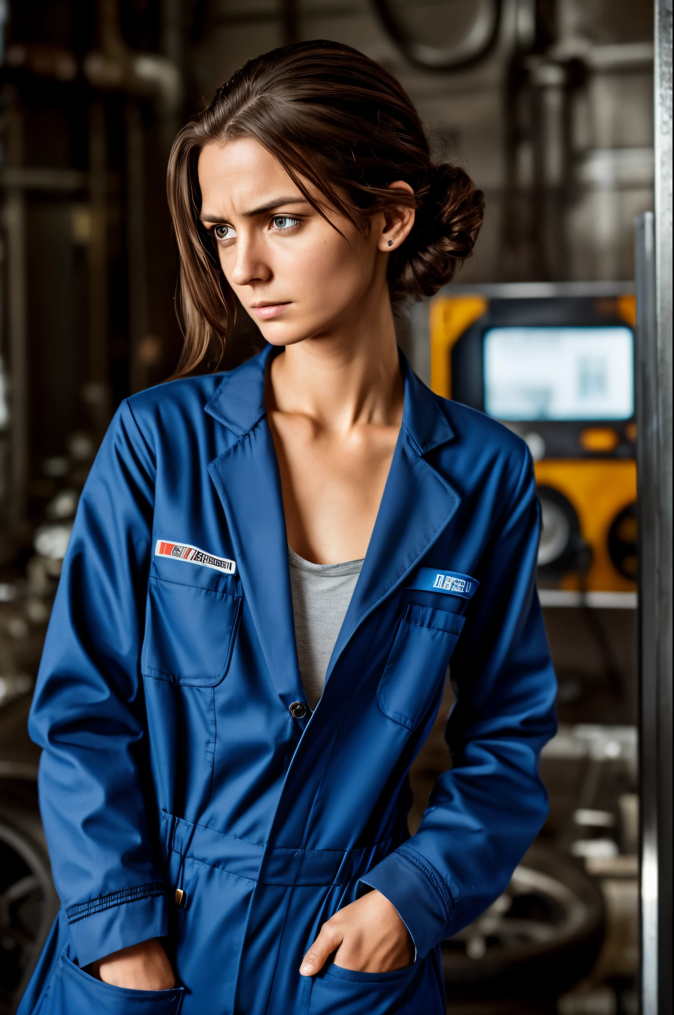 Mechanic, women, female mechanic, brown hair, thin, boilersuit, cable tv, blue, mechanic suit, hotel coridor, art deco, portrait, unkempt hair, malnutrition, undernourishment, malnourished, sunken cheeks, eye bags, black eyes, tired, exhausted