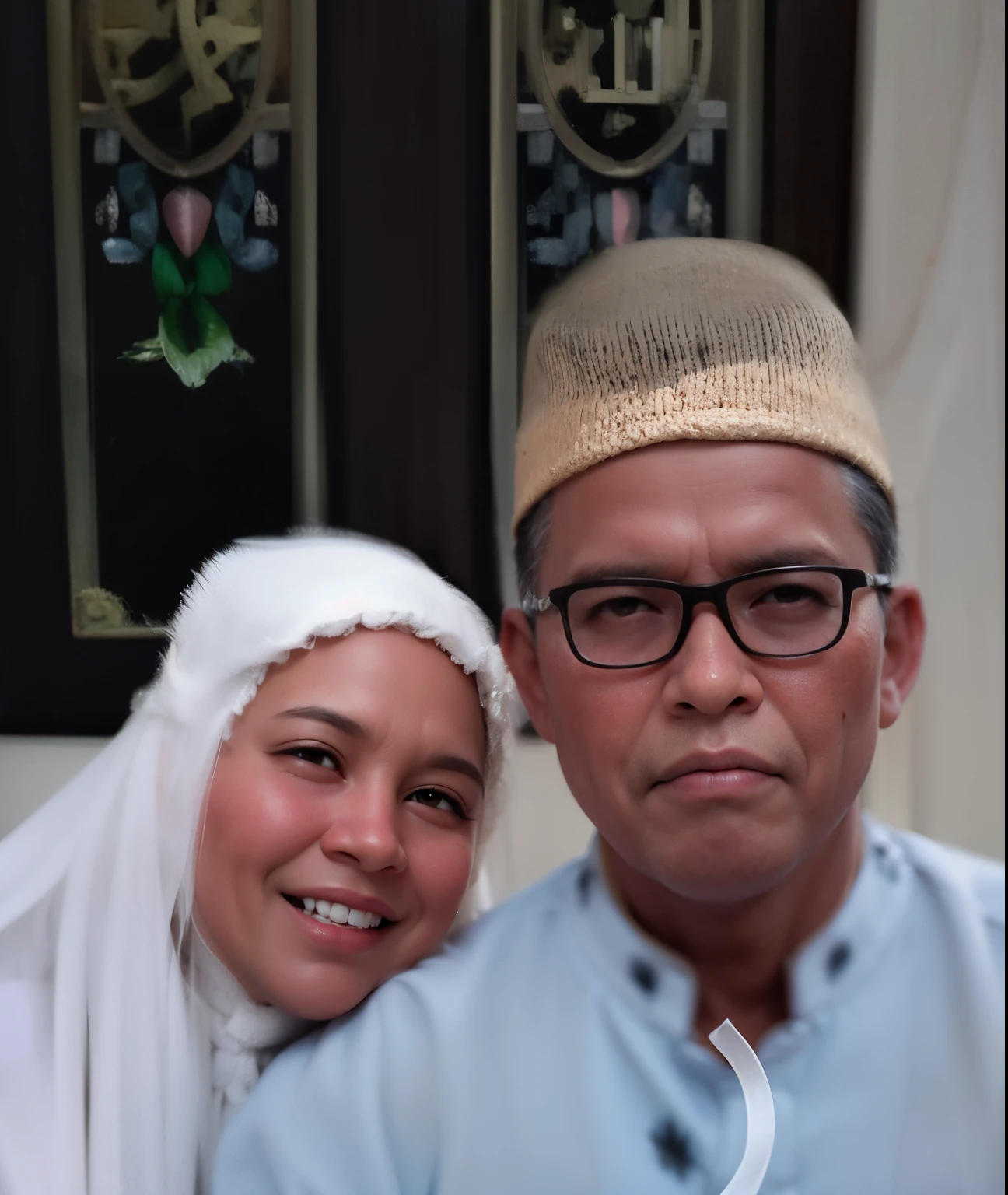they are wearing a white veil and a blue shirt, momma and papa smile, father smile, happy couple, couple, lovely couple, wearing traditional garb, potrait, old picture, protrait, close up potrait, full protrait, inspired by Basuki Abdullah, by Basuki Abdullah, portrait shot 8 k, couple portrait, comming, happy family, foto smile