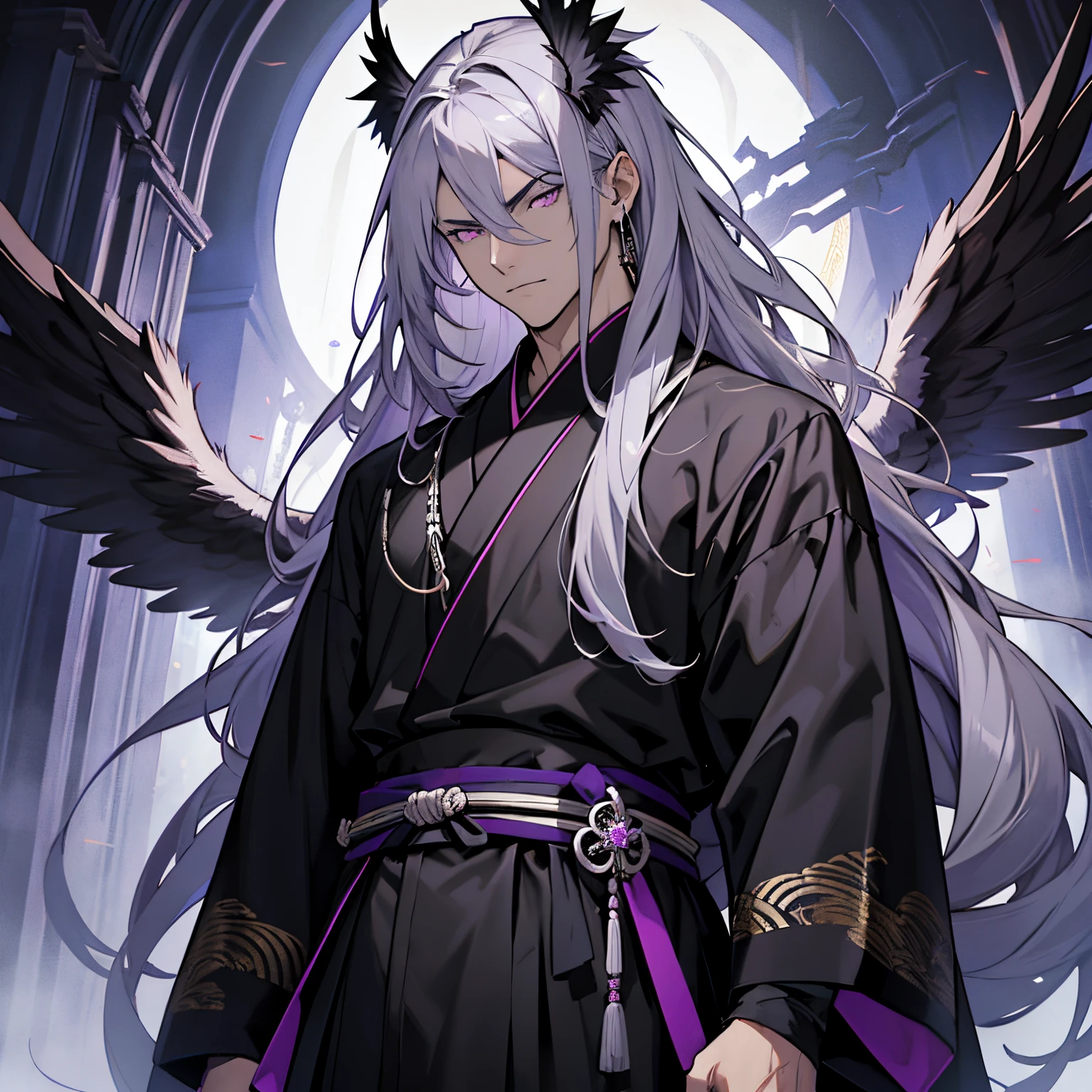 tmasterpiece，best quailty，1 male，AS-Adult，the fallen angel，Fallen angels，（gray colors）Long hair，Purple eye，Noble temperament，Behind him is a pair of black angel wings，Dressed in Japanese clothing，General，Artistically，In the dark，Handsome facial features，frontage，Straight body，orthofacial