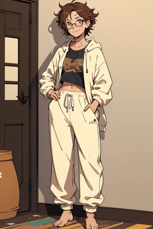 A cute happy barefoot woman with messy hair and glasses, facial freckles, toenail polish, , standing, wearing an oversized hodie and sweatpants.