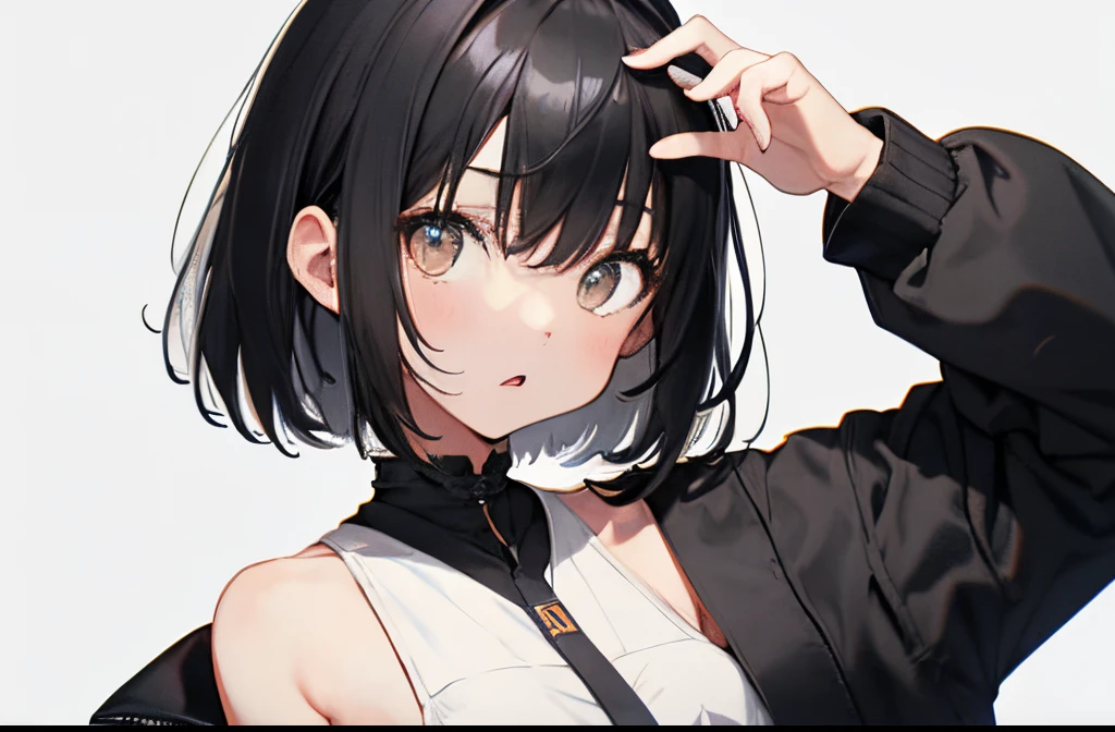 【Highest Quality, masutepiece】 [girl, Manteau, expressioness, brown eyes, front facing, Black hair, Slender beauty,straight haired, Bery short hair ,Upper body] (Gray white background:1.5), Surprised,