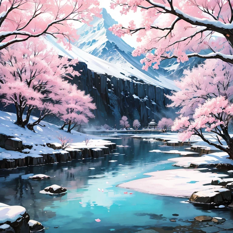 （Japan landscape paintings），（big snow mountain）（snow is falling），（There is a big cherry tree on the mountain、Flowers are falling）frontier、Ultra-long viewing angle、An ultra-high picture quality、ultra-quality、Best Shots、awardwinning、The most beautiful and atmospheric photos、