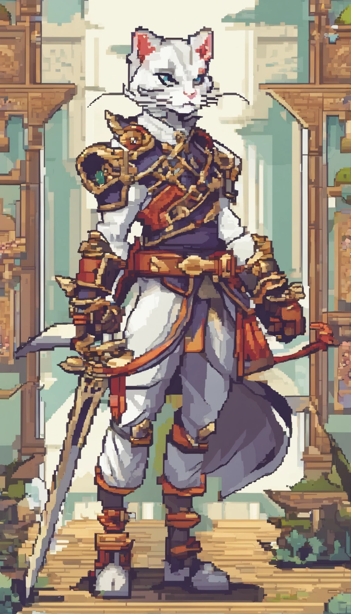 (tmasterpiece, top-quality, Best quality), pix, pixelart, 1 humanoid cat,Sword in hand, Solid background