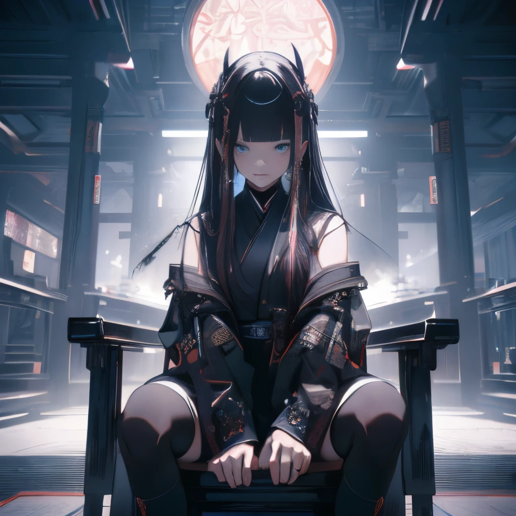 Japanese Katana Sword、Samurai sword、Full body、Sit on a chair, cross one's legs、White one-piece military uniform、View other people、Blunt bangs、 over-kneehighs,Blunt bangs, Jet black head of hair,(masutepiece:1.2, Best Quality), (finely detailed beautiful eye: 1.2), (Detailed background,Dark Fantasy), (beautifull detailed face), High contrast, (Best Illumination, extremely delicate and beautiful), ((Cinematic Light)), Colorful, Hyper Detail, Dramatic light, Intricate details,Very blue eyes, Shining eyes, long hair flowing with the wind