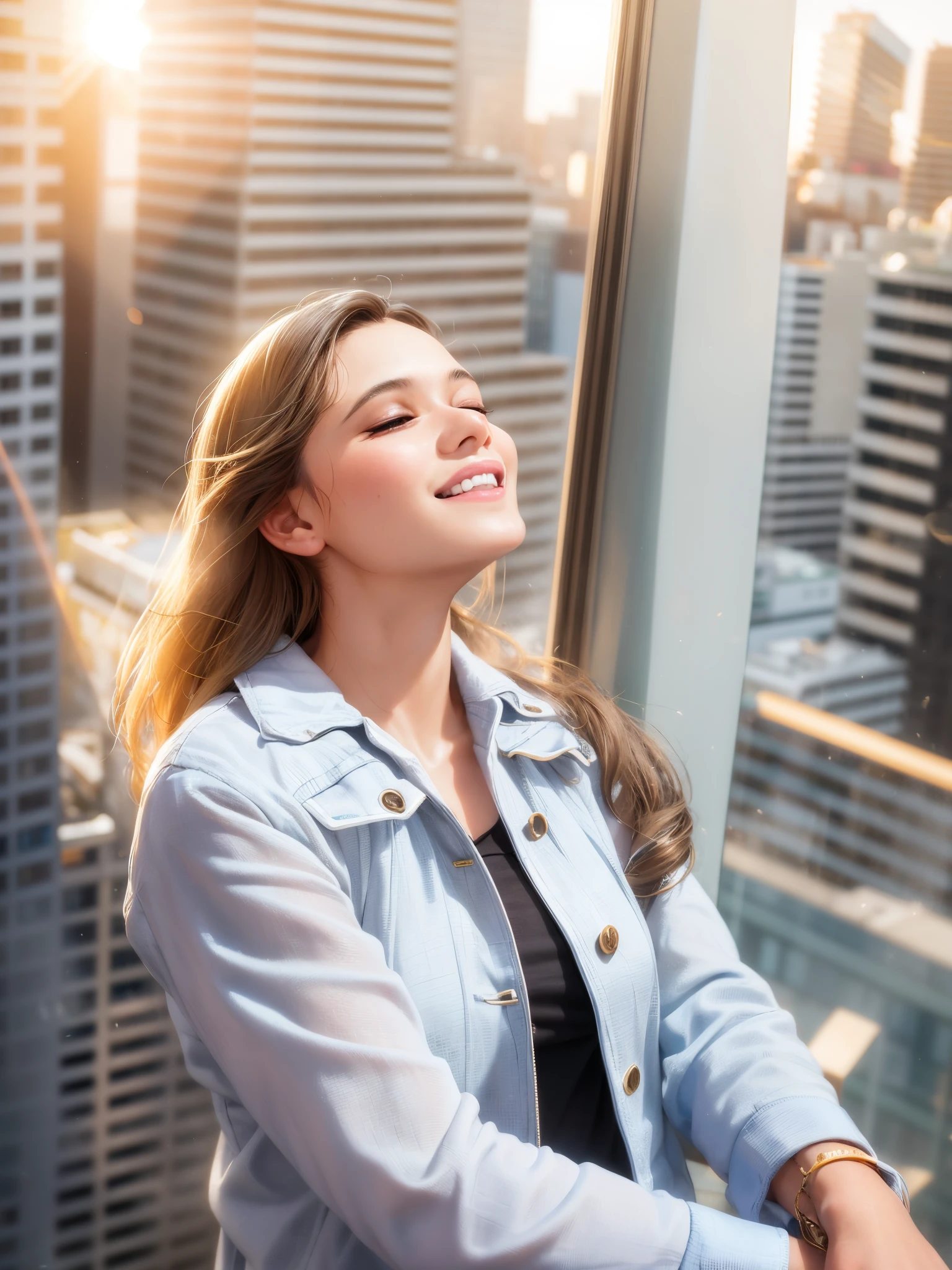 smiling woman sitting on a balcony with a view of a city, she is in pure bliss, candid picture, with a cool pose, satisfied pose, with backdrop of natural light, shot on sony a 7, taken with sony alpha 9, shot on sony a 7 iii, with the sun shining on it, with a happy expression, shot on nikon z9