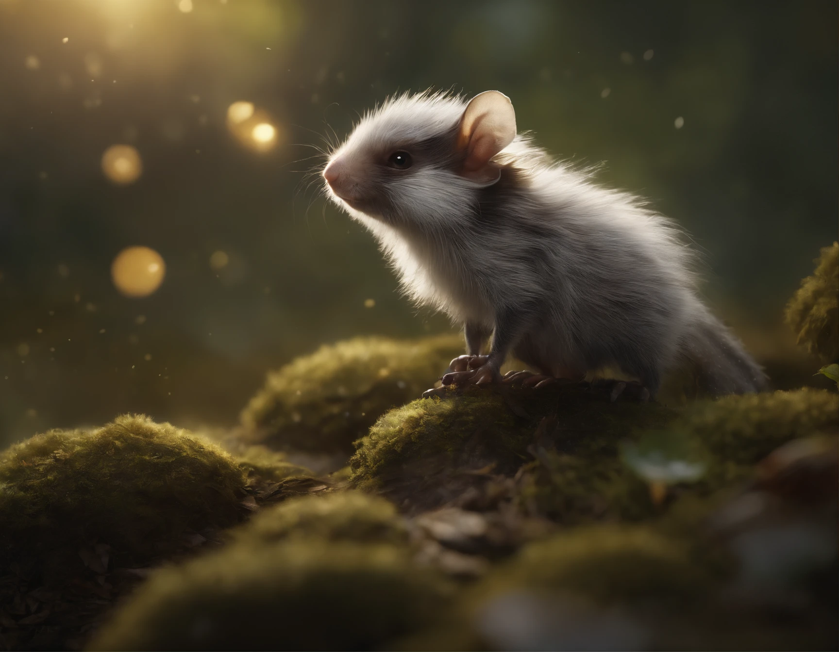 真实感, Realism, Close up of cute tiny fireflies around a huge oak tree, Morning lighting, dew, illuminate the bush, a detailed painting, cgsociety, Detailed painting, artstation hd, high detail, cgsociety, photo realism, Concept art, artstation hd, official arts, bokeh ,(CBZBB:1.25), ((gremlin),Zhkute, Small, baby, Beautiful, Fantasy art, deviant art, trending artstation, Digital Art, Detailed, Realistic, humanoid, character, tiny, Cinematic shot, cinematic portrait of a mole ,gremlin, mole-like, dressed in a white tunic, with backpack, in a hat, like a magician, bright silver and brown, long tail, large ears, covered with silver fur, water, stands on the shore, Best Quality, Masterpiece, in style of dark fantasy art, gremlin, mole-like, bright silver and brown, long tail, double nose, huge ears, covered with silver fur,tousled, five toes on each paw, holding a huge acorn in his paws, I'm standing in a forest clearing under the foliage of bast., acorns lie in the clearing, acorns glow, Crickets fly, Best Quality, Masterpiece, in style of dark fantasy art, fantasy-inspired, in the style of John Tolkien,