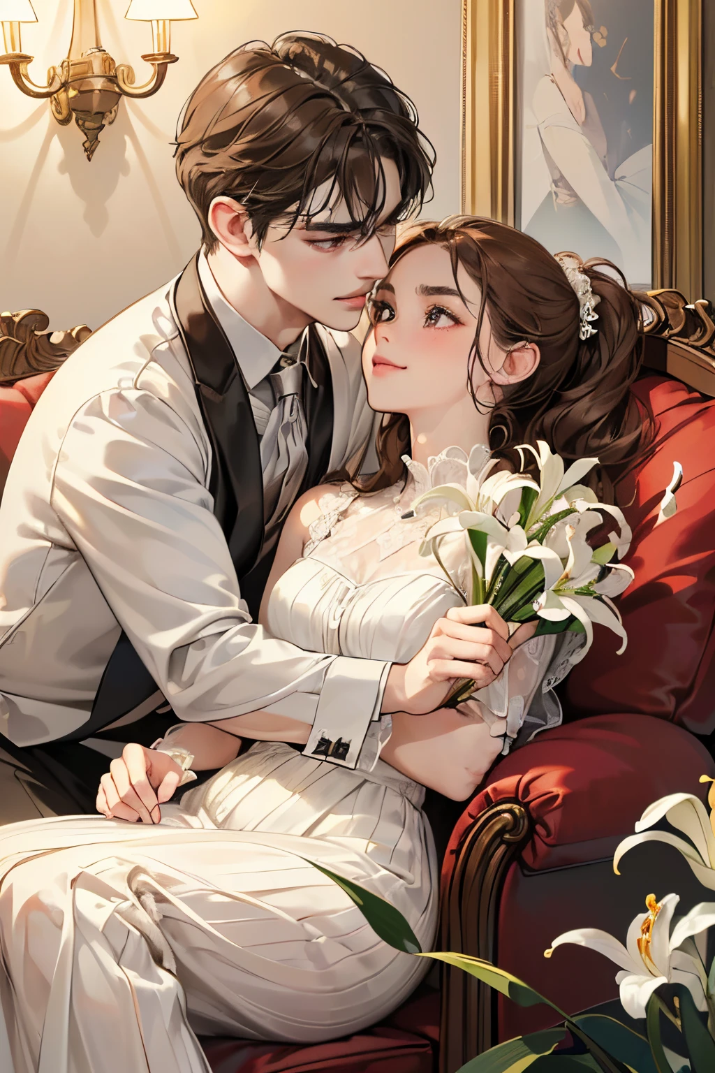 (absurdres, highres, ultra detailed), a man hugging a girl (((multiple boys))), mature, love, hug, upper body, open eyes,