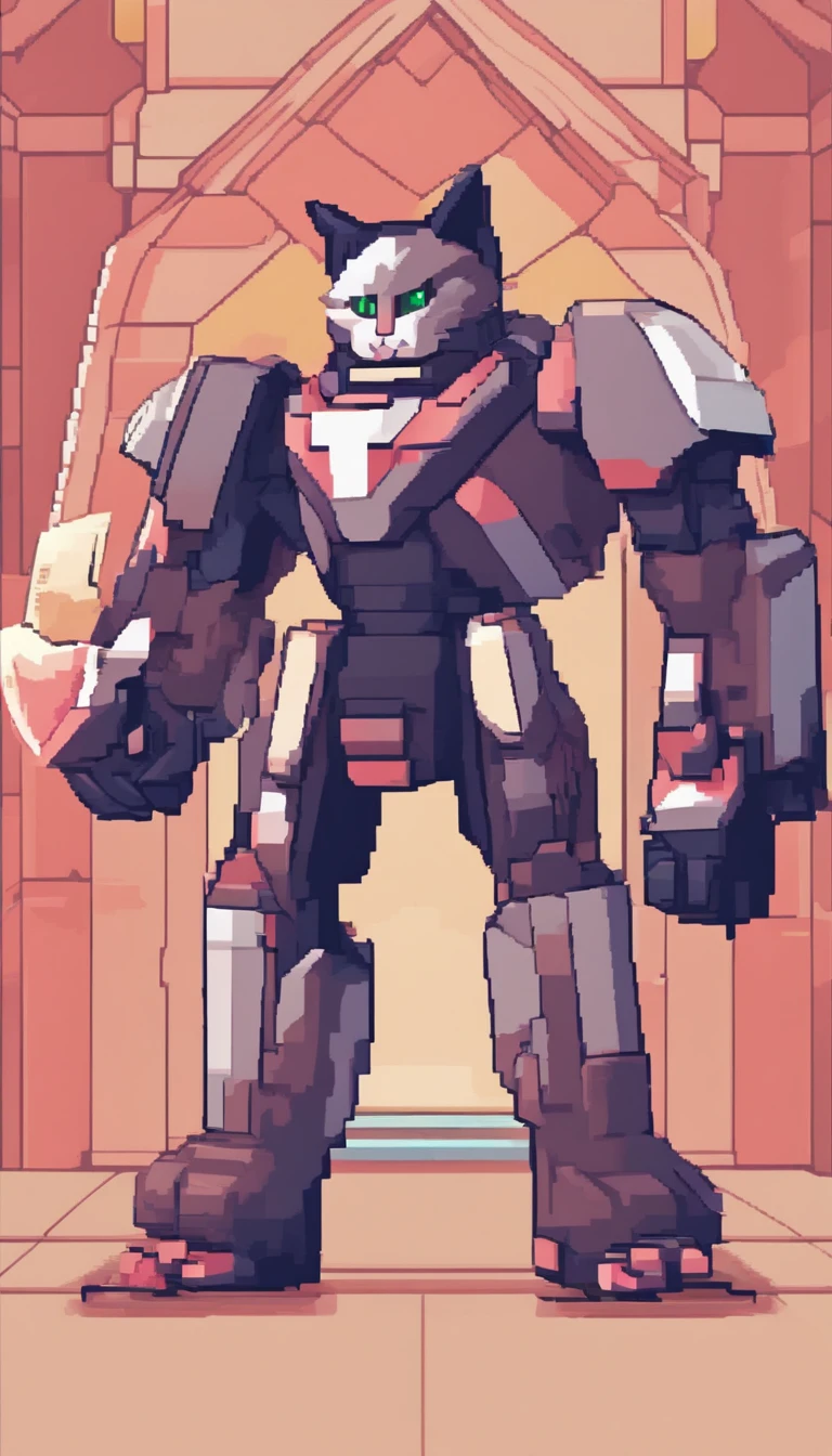(tmasterpiece, top-quality, Best quality at best), pix, pixelart, 1 humanoid cat，shield in hand, solid color backdrop