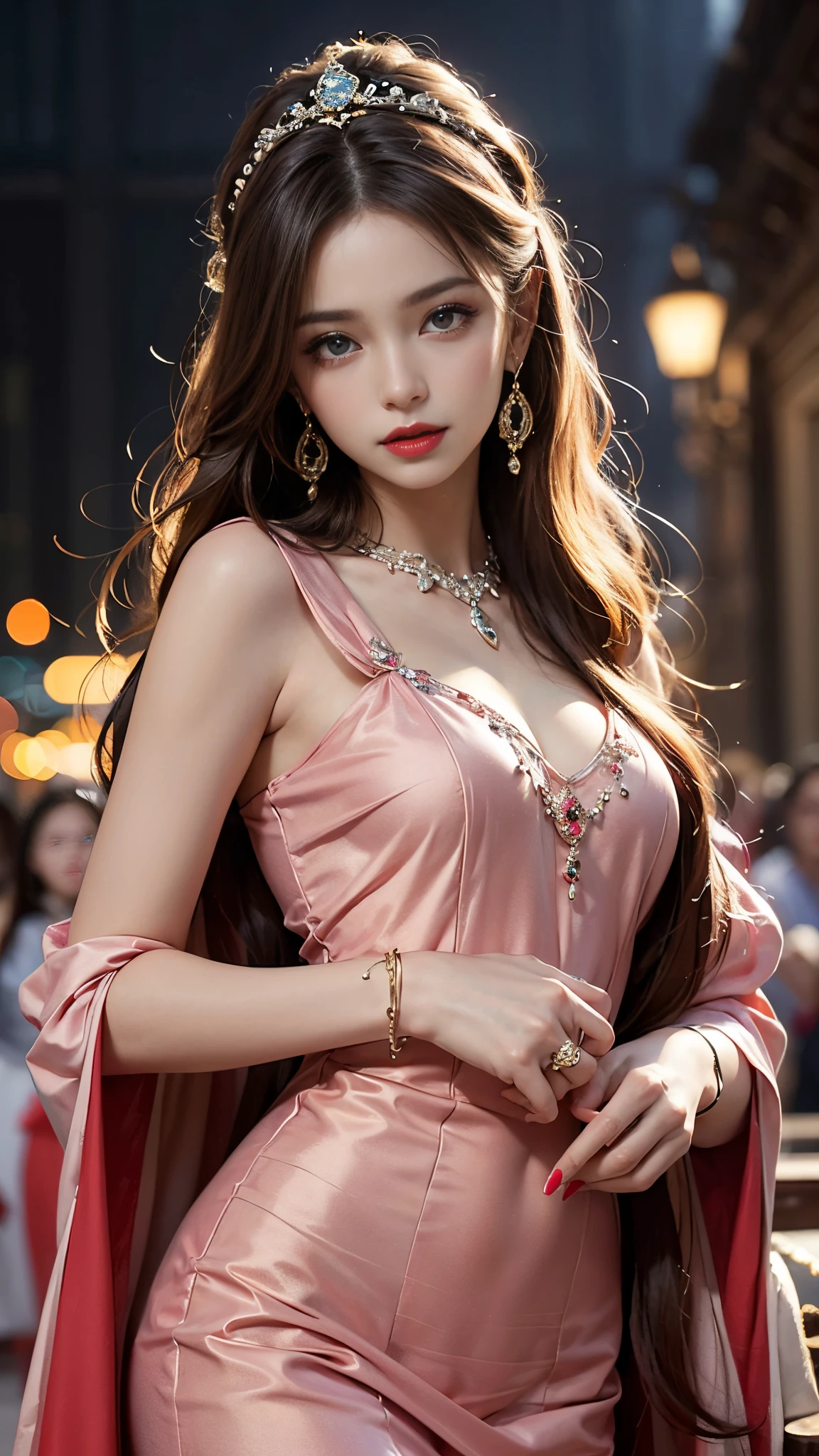 8K ultra hd, masterpiece, best quality, a beautiful girl, long hair, impressive hairstyle, royal hair jewelry, pretty cute face, flawless face, jewellery earrings, antique jewellery, details eyes, beautiful eyes, meticulous makeup, thin eyebrows, beautiful red lips, medium breasts, royal dress, pink dress, light pink laces, realistic colors, magic effect, night background, look directly at the audience, attractive poses,
