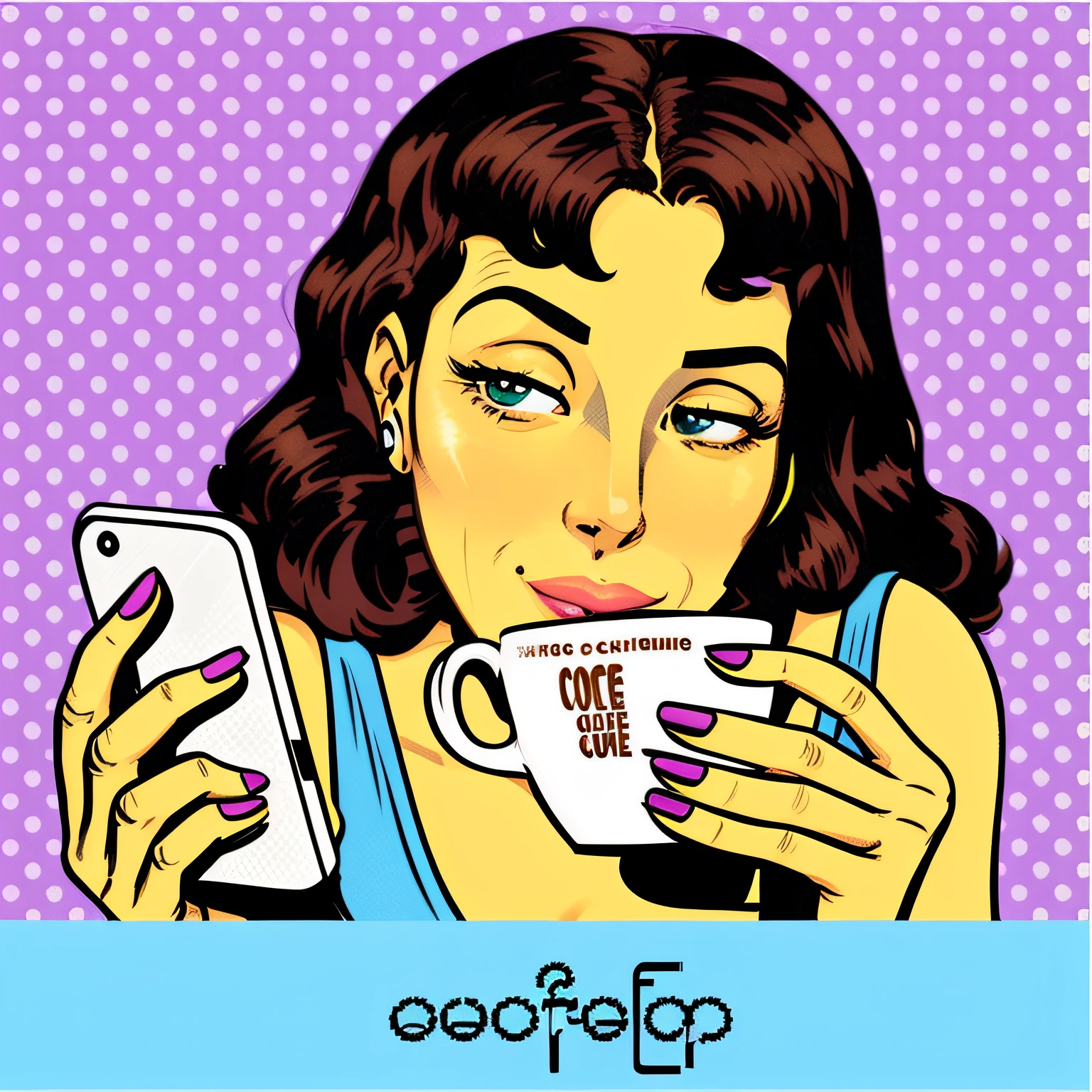 a woman drinking coffee and looking at her phone, drinking coffee, woman drinking coffee, retro comic art style, lofi girl, morning coffee, pop art cartoon style, vaporwave cartoon, mysterious coffee shop girl, morning time, violet polsangi pop art, drinking a coffee, retro illustration, drinking a cup of coffee, drink more coffee, retro anime girl