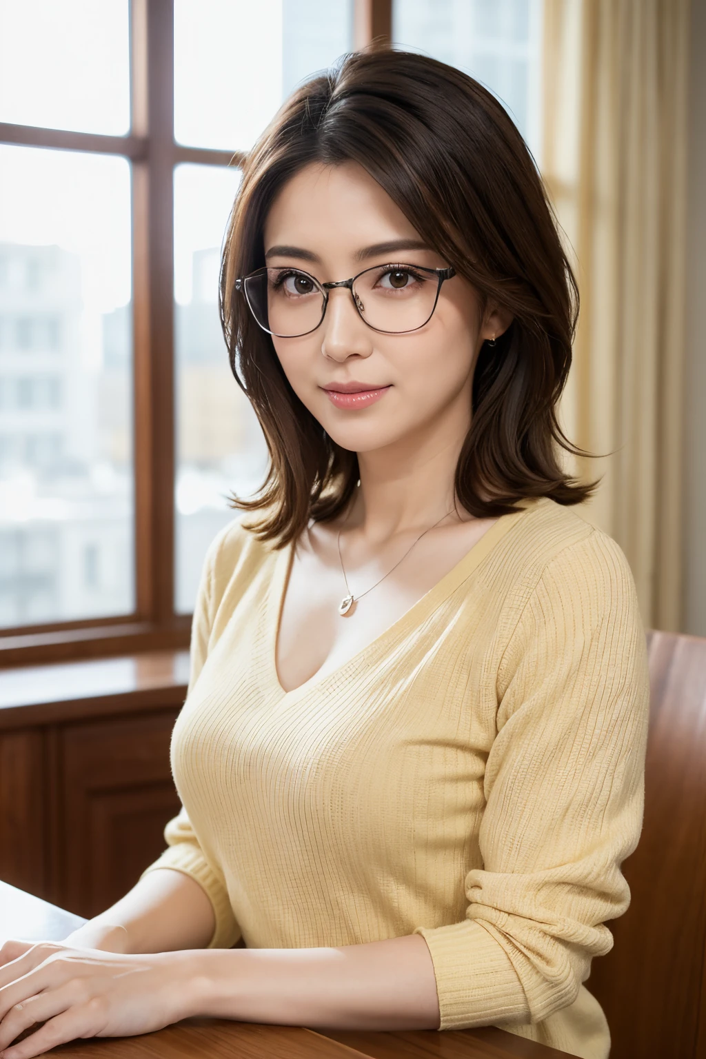 8K, top-quality, ​masterpiece, realisitic, Photorealsitic, ultra-detailliert, Natural sunlight, well-shaped breasts, I can see the cleavage, 1 persons, 35-year-old woman, Dark hair, bobhair, straight haired, Silver-rimmed glasses, (Look at viewers), Pendants, Light yellow knitted V-neck shirt, extremely detailed face and skin, A detailed eye, extremely detailed face and skin
