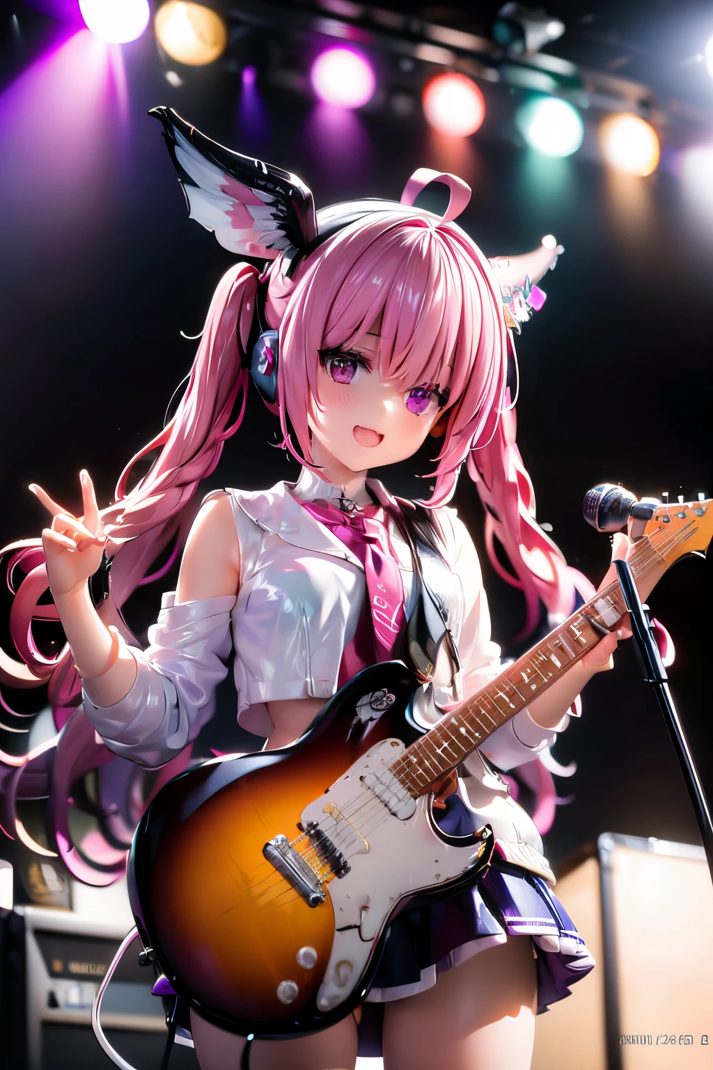 Octane Render、nffsw、(Hyper-detailing: 1.15)、(Soft light、sharp: 1.2)、songstress、full body Esbian、ultradetailed eyes、Full Paint、Splash、（Floral hair ornament、butterfly hair ornament）、 masutepiece、Anatomically correct、There is a minitar in the background and a black and white video is playing.、A child's laughing face is shown on the screen