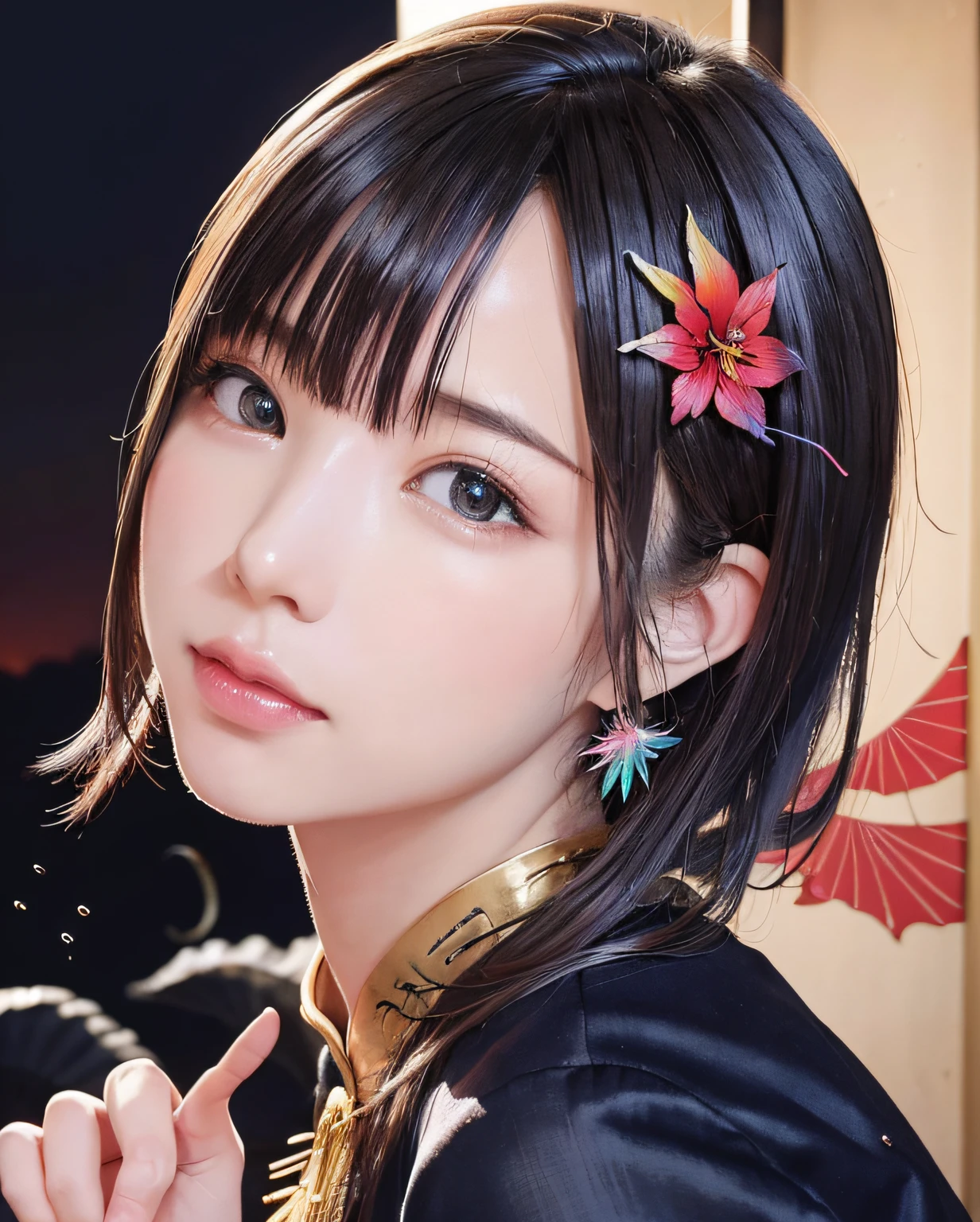 A close up of a woman with a flower in her hair - SeaArt AI