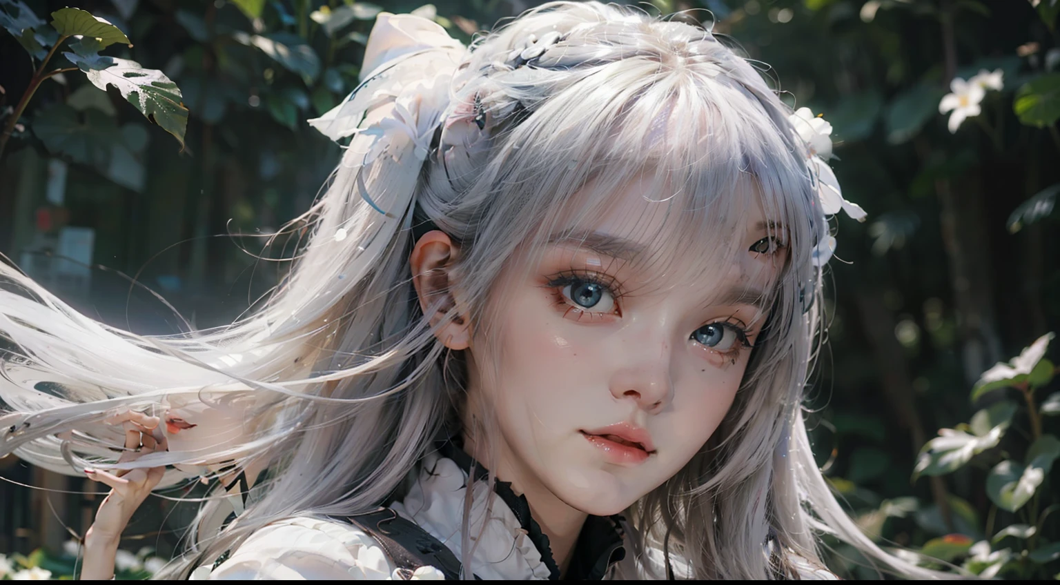 1 girl,The beautiful, tmasterpiece, Best quality at best, white backgrounid,Kazuya Takahashi, concept-art, white color hair,the detail