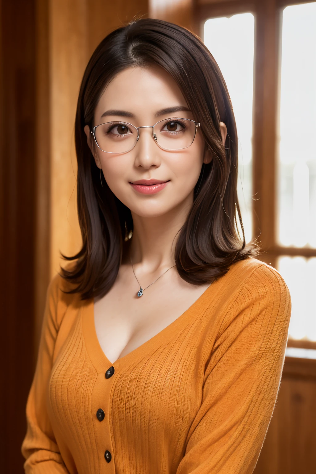 8K, top-quality, ​masterpiece, realisitic, Photorealsitic, ultra-detailliert, Natural sunlight, well-shaped breasts, I can see the cleavage, 1 persons, 35-year-old woman, Dark hair, bobhair, straight haired, Silver-rimmed glasses, (Look at viewers), Pendants, orange knit v-neck shirt, extremely detailed face and skin, A detailed eye, extremely detailed face and skin