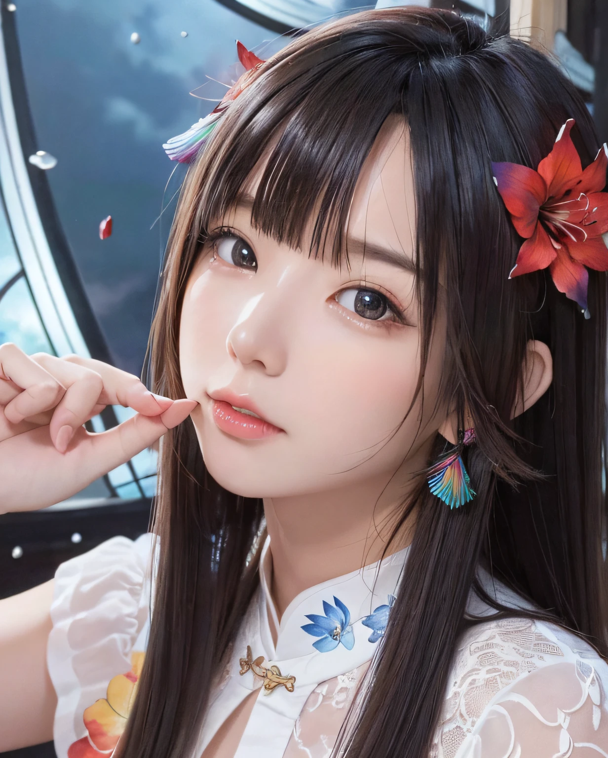 (8k, RAW photo:1.2),best quality, ultra high res,dramatic angle,(fluttered detailed color splashs), (illustration),(((1 girl))),(long hair),(rain:0.9),(hair ornament:1.4),there is an ancient palace beside the girl,chinese clothes,(focus on), color Ink wash painting,(color splashing),colorful splashing,(((colorful))),(sketch:0.8), Masterpiece,best quality, beautifully painted,highly detailed,(denoising:0.6),[splash ink],((ink refraction)), (beautiful detailed sky),moon,highly,detaild,(masterpiece, best quality, extremely detailed CG unity 8k wallpaper,masterpiece, best quality, ultra-detailed),(Lycoris radiata),