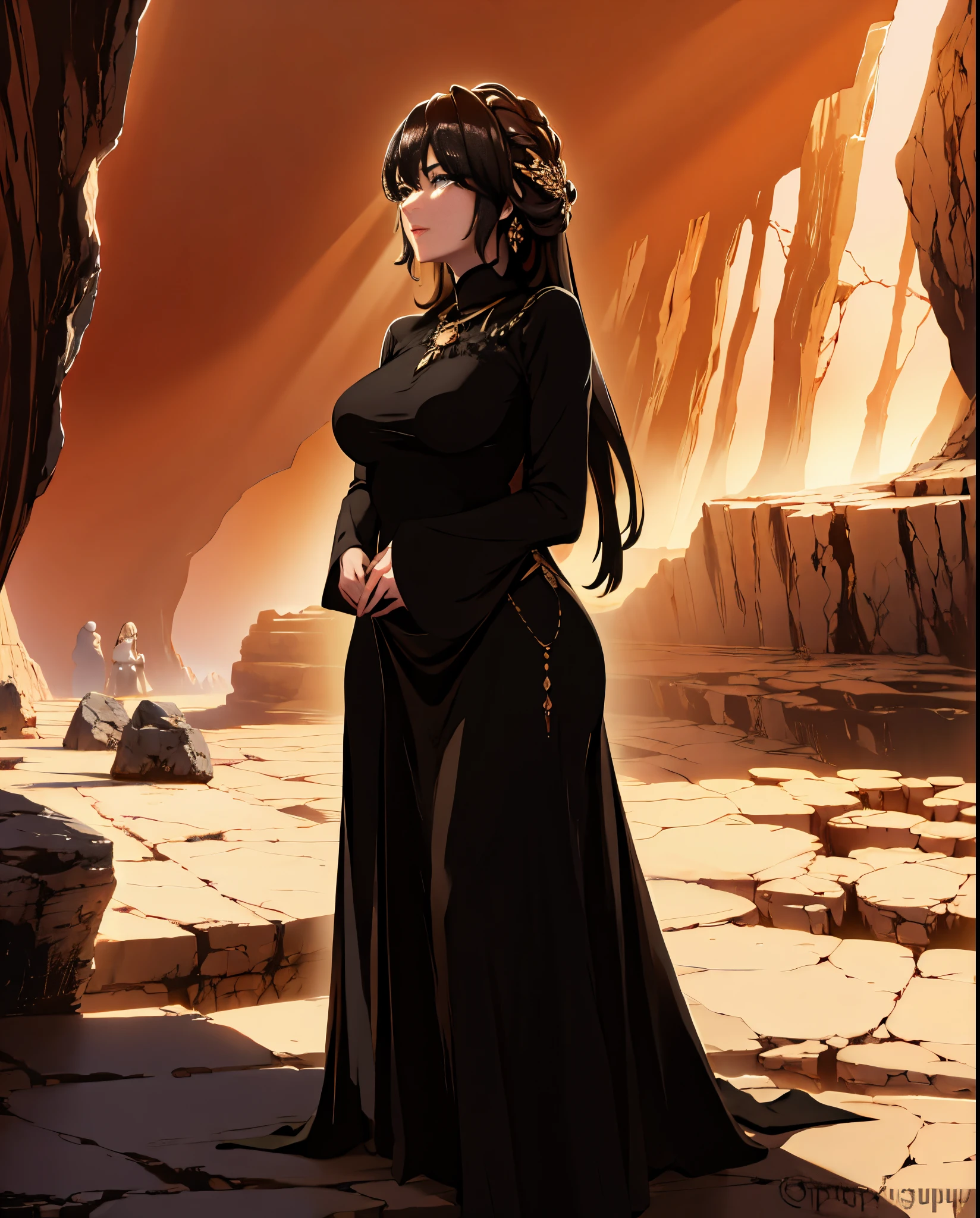 puuna, iom, beautiful long haired woman, long flowing gown, BREAK
standing, cave, silhouetted sunlight, rock formations, 
(masterpiece, best quality:1.1), 8k, highly detailed, large breasts,