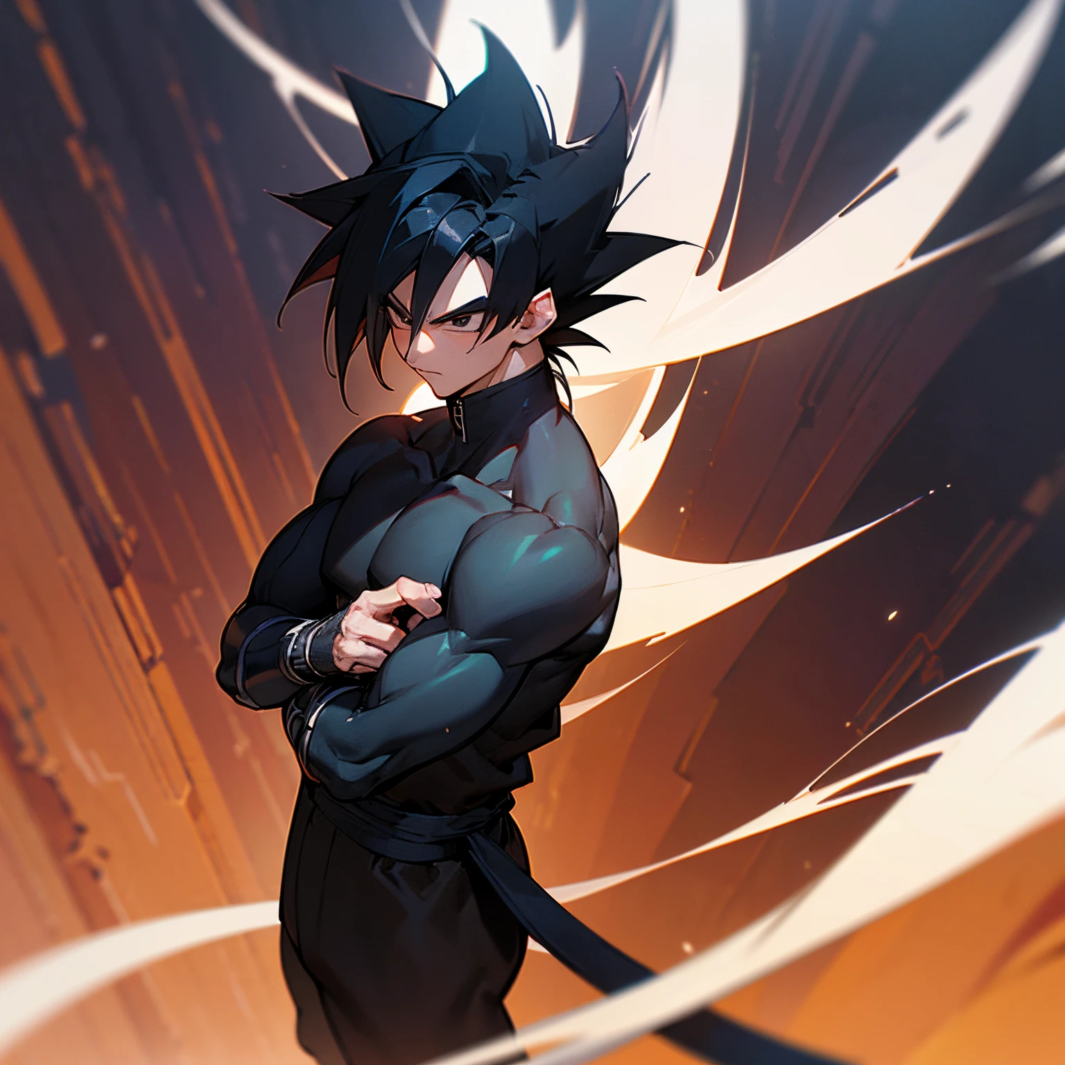 (best quality,ultra-detailed,:1.37),3D rendering, Black Spiky Hair ,Middle Parted Hair, Messi Hair,Black Clothing ,Muscular Build, Saiyan Tail , 1male , Canyon Background , Black Eyes , Saiyan
