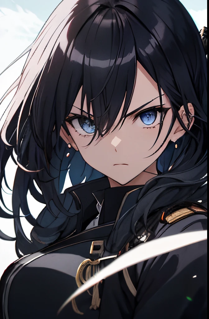 Japanese Katana Sword、Samurai sword、Full body、White one-piece military uniform、 Jet black head of hair,(masutepiece:1.2, Best Quality), (finely detailed beautiful eye: 1.2), (Detailed background,Dark Fantasy), (beautifull detailed face), High contrast, (Best Illumination, extremely delicate and beautiful), ((Cinematic Light)), Colorful, Hyper Detail, Dramatic light, Intricate details,Very blue eyes, Shining eyes, long hair flowing with the wind、large full breasts、Belt under the chest、White military uniform, skirt by the, large full breasts, Long hair fluttering in the wind, swords, jet-black hair, Blue eyes, Black tie, Belt under the chest, Serious look,