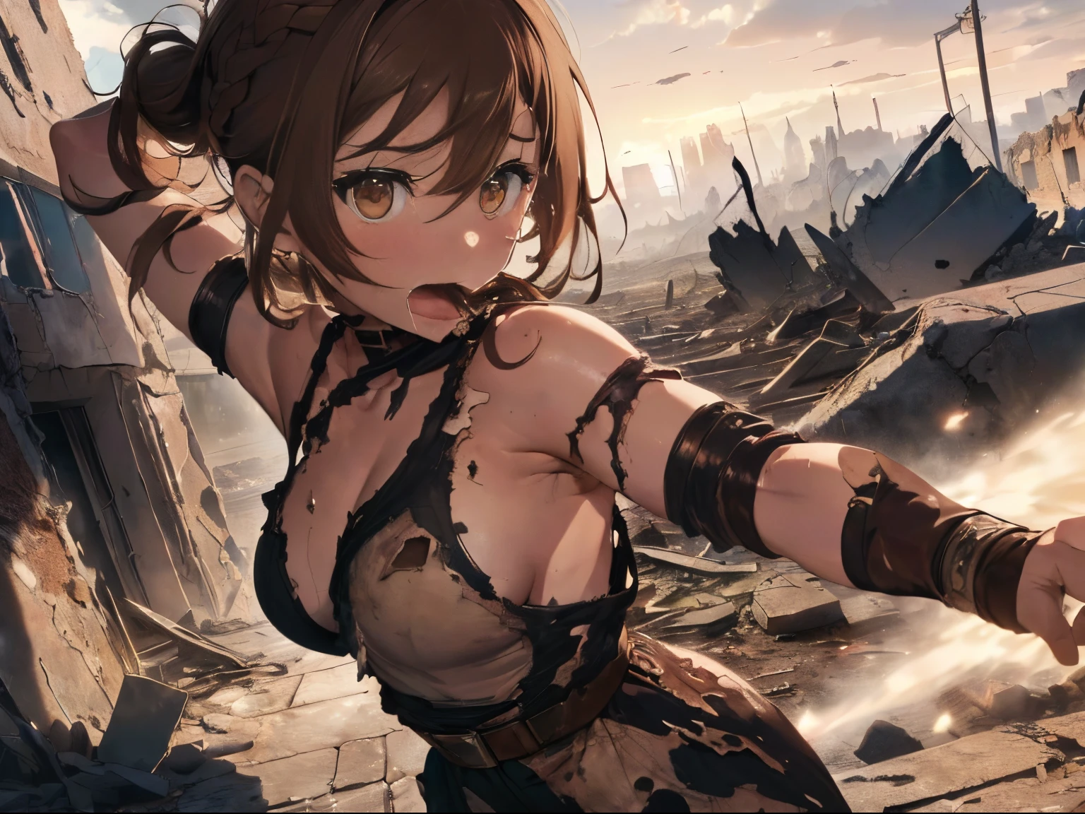 ((A ruined city full of rubble)),(After the war),((Vast landscape full of rubble)),(wearing tattered slave-like clothes),((Brown hair)),(Braided shorthair),((Brown eyes)),((profile)),((Horizontal line of sight)),(Surprised face),((Surprise Mark)),((astonishing)),((I opened my mouth wide in surprise.)),((Surrounded by multiple men)),(((being attacked by someone&#39;being grabbed by the arm or hair)))