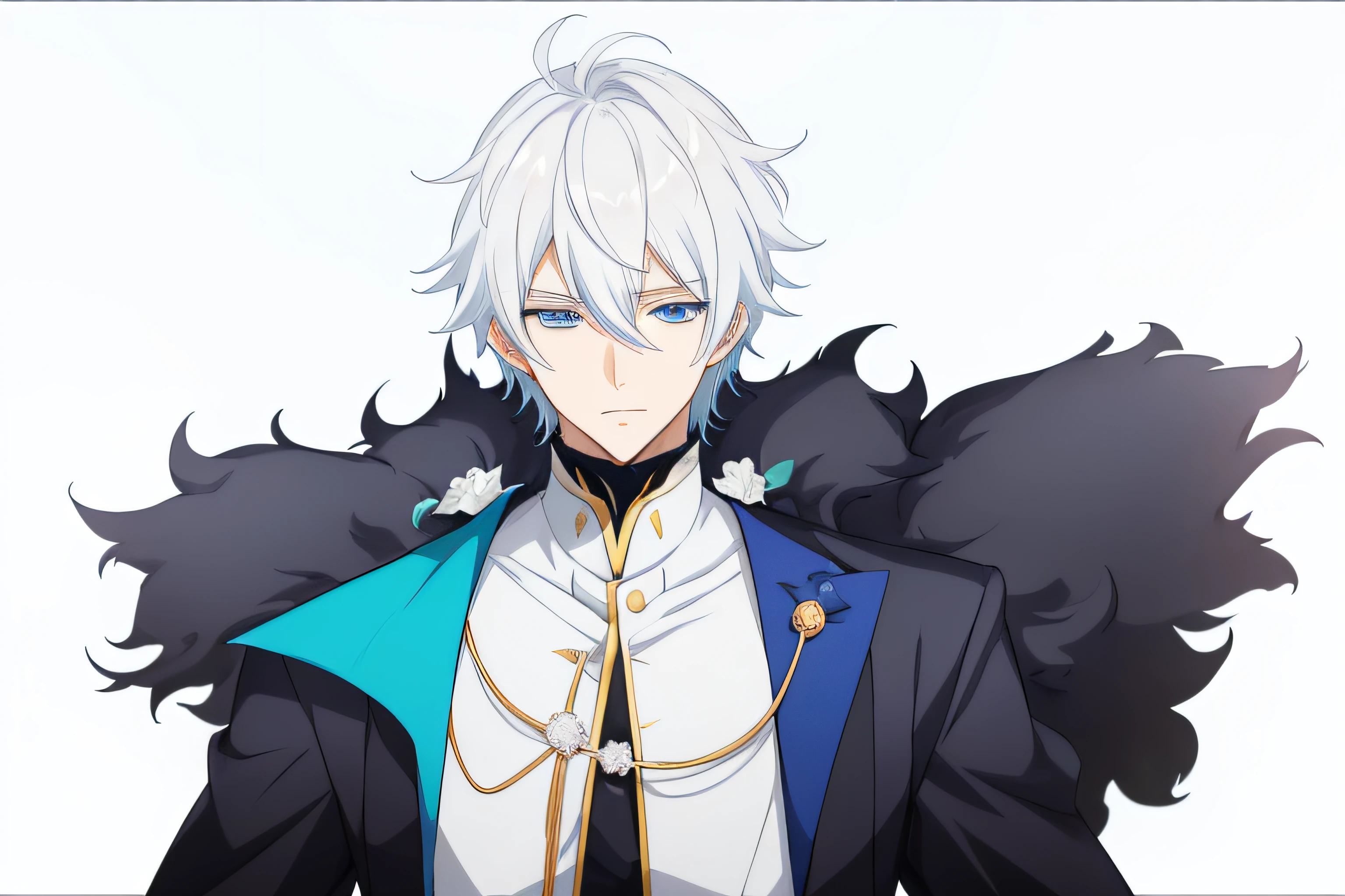 White-haired anime boy, Blue eyes and black tie, Tall blue eyed anime character, Inspired by Okumura Togyu, 2 d anime style, Hajime Yatate, Masanobu Okumura&#39;inspired, white cyan, [[[[Smile evilly]]]], male anime characters，exquisite facial features，detail-rich，Hard，Hard，detail-rich