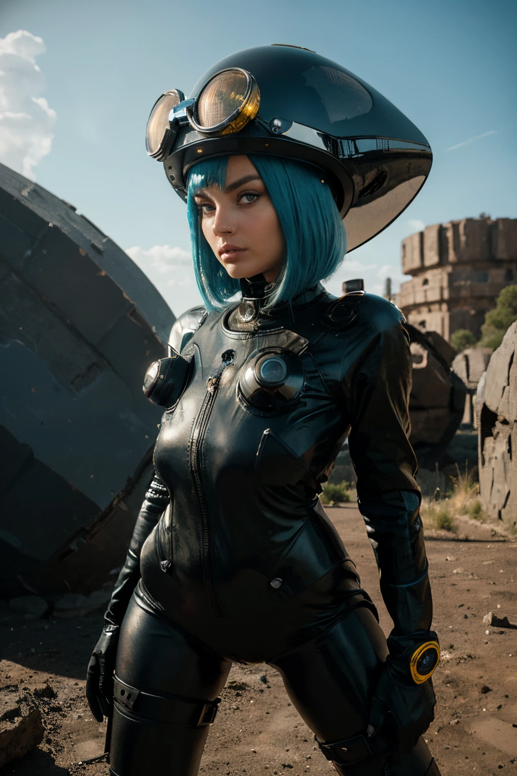 A Modern flat toon Crazy whit a Big ONE a Only Eye Robot and helmet Style with super space big bikei, like Sophia Loren and Christina Ricci nude in Cyan hair, pinhead, camouflage Black Yellow Rusty, Ambient in a meteorite crater super detailed, center, beautiful, soft lighting, focused on the character, 4K resolution, photorealistic rendering,