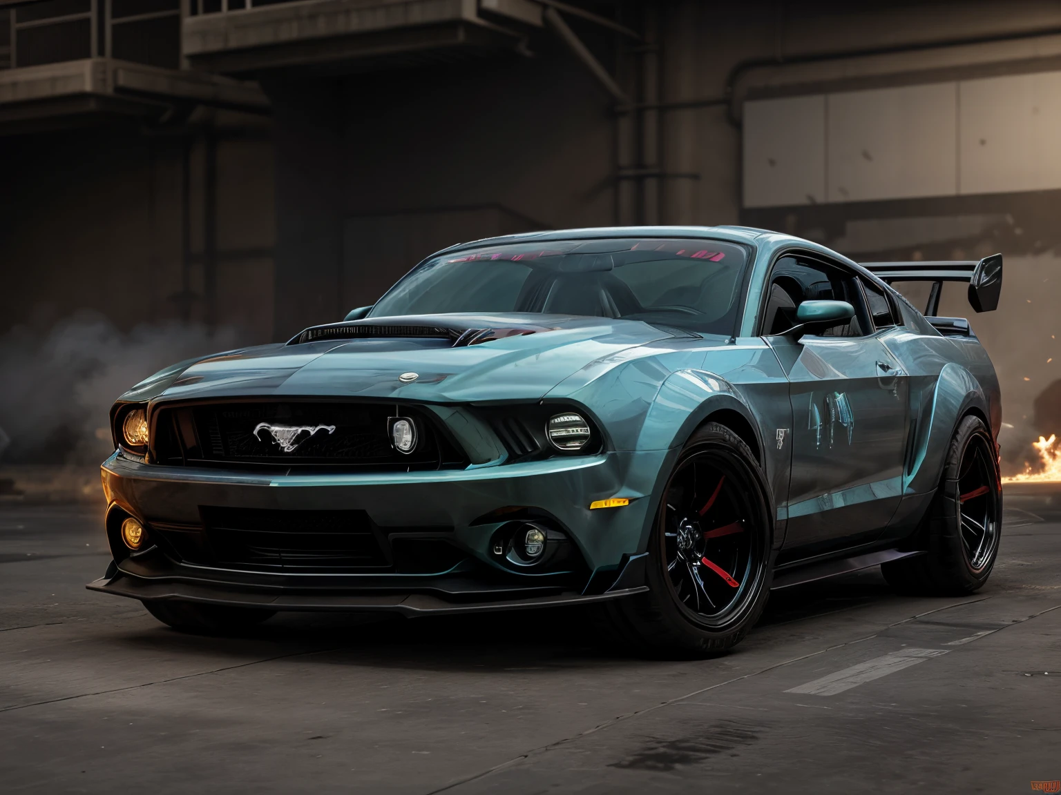 a 3/4 front view of ((futuristic cyberpunk hotrod mustang)) (with glowing tires), next to ((tactical)), at the parking lot, sunset