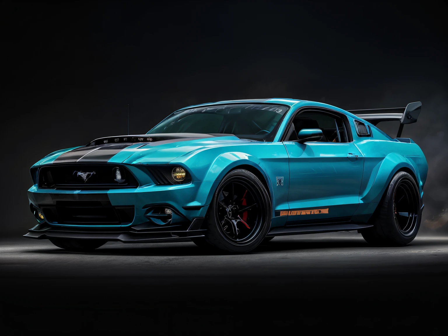 a 3/4 front view of ((futuristic cyberpunk hotrod mustang)) (with glowing tires), next to ((tactical)), at the parking lot, sunset