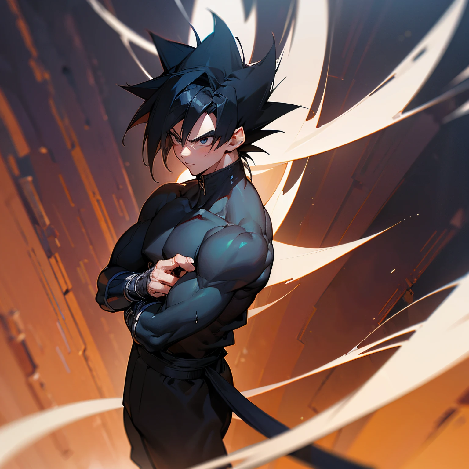 (best quality,ultra-detailed,:1.37),3D rendering, Black Spiky Hair ,Middle Parted Hair, Messi Hair,Black Clothing ,Muscular Build, Saiyan Tail , 1male , Canyon Background , Black Eyes , Saiyan