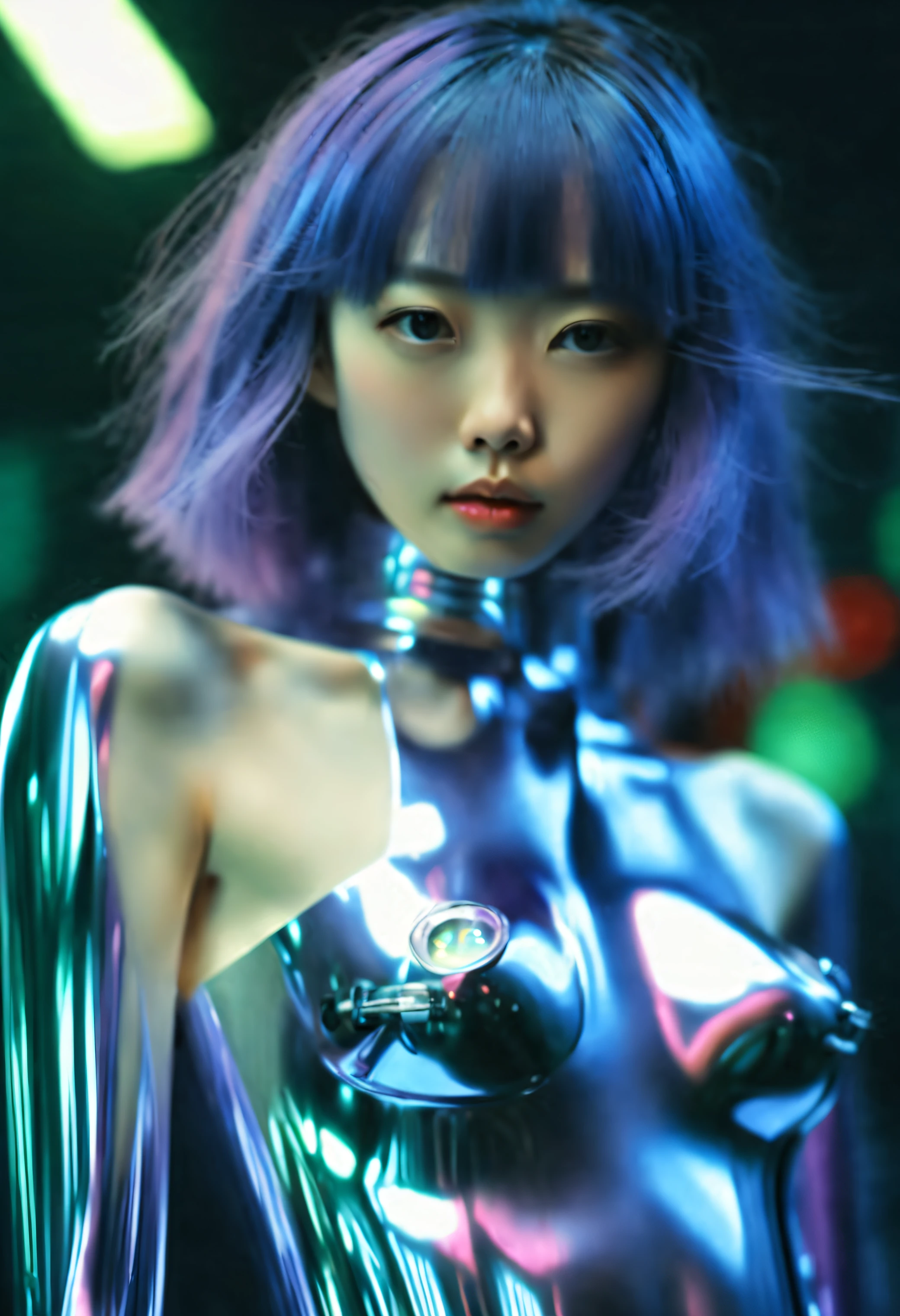 The artwork:Hajime Sorayama 8K, Full-HD, A masterpiece of precision and precision, Haruka Fukuhara is wearing a turtleneck sweater, Pantijo, tights, Transparent、Wearing shorts、 Sweaters, dark purple eyes, blue iris and purple eyeball, medium shot, Green hair, organic shape, hard edge, Anatomically correct body, sexy sexy pose, Hyper realistic, elegent,Cinematic lighting, Highly detailed, intense colors, Octane rendering Haruka Fukuhara, Surreal mood, Shimmering rich colors, iridescent accents, Dramatic shadows,Dynamic and atmospheric lighting, Anamorphic Lenses, Sharp Focus, (complex, Hajime Sorayama's high-definition masterpiece:1.8), To Sorayama Motofu