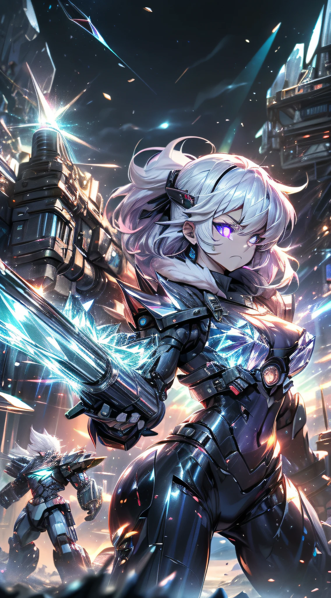 top-quality、Top image quality、masterpiece、girl with((Black glowing machine body、glowing mechanic suit、18year old、 ager、cute little、Best Bust、big bast,Beautiful shining purple eyes、Breasts wide open, white hair、Longhaire、A slender,Large valleys、belligerent movements,sharp claws、beam cannon on the right、Gatling gun in left hand、right rear missile launcher、left rear rocket launcher、Crystal visor on the right eye、being filmed、battle suits)),hiquality、Beautiful Art、Background with((crystal battlefield)))、,masutepiece、depth of fields,Cinematic style