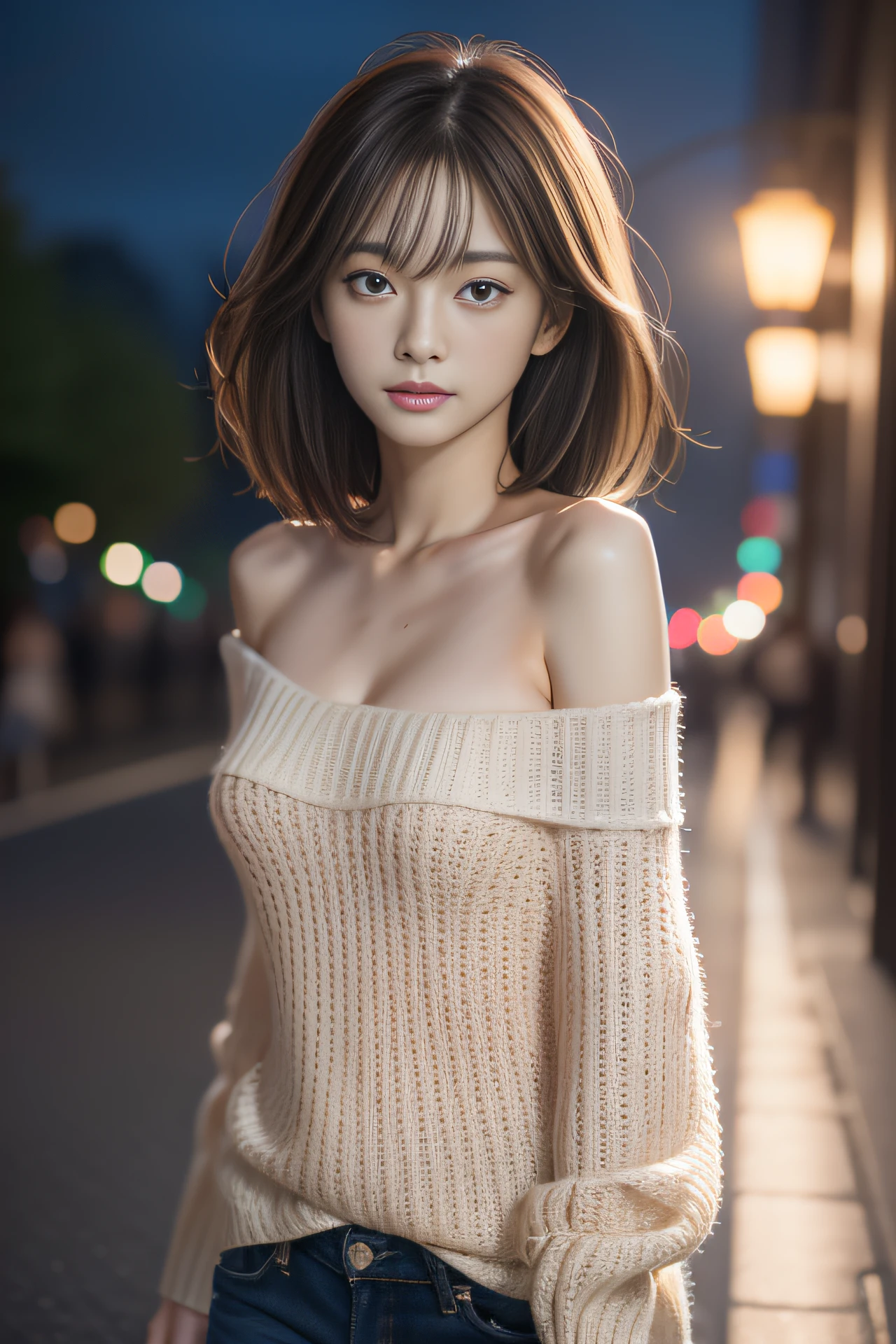 High resolution, Raw photo, Photorealistic, Extremely delicate and beautiful, Extremely detailed, finely detail, Highly detailed CG Unity 8k wallpaper, Ultra-detailed, (Best Quality, 8K, 32K, masutepiece, nffsw:1.2), Photo of a cute Japanese model walking in a downtown area at night, beautiful and detailed face, Beautiful and clear eyes, Delicate figure, Medium Hair, Slender body, off-the-shoulder sweater, (Upper body:1.3),