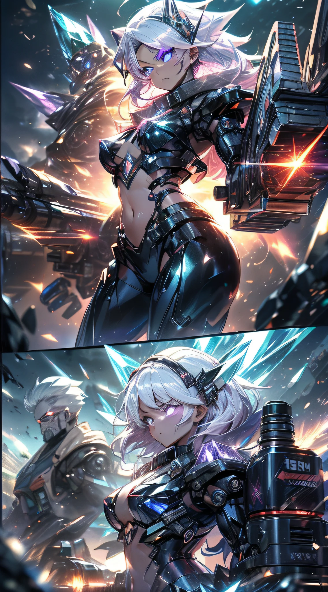 top-quality、Top image quality、masterpiece、girl with((Black glowing machine body、glowing mechanic suit、18year old、 ager、cute little、Best Bust、big bast,Beautiful shining purple eyes、Breasts wide open, white hair、Longhaire、A slender,Large valleys、belligerent movements,sharp claws、beam cannon on the right、Gatling gun in left hand、right rear missile launcher、left rear rocket launcher、Crystal visor on the right eye、being filmed、battle suits)),hiquality、Beautiful Art、Background with((crystal battlefield)))、,masutepiece、depth of fields,Cinematic style