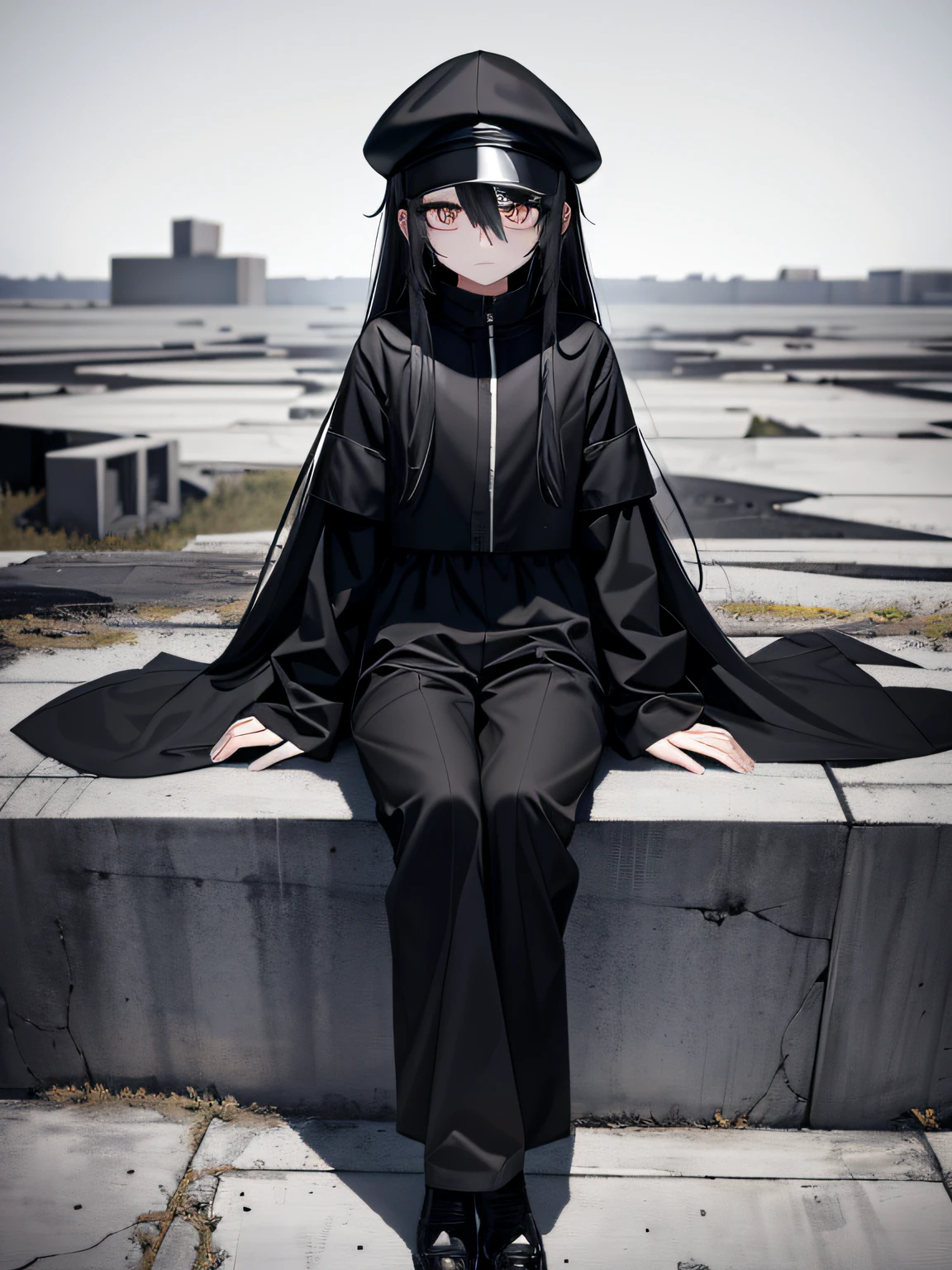 Masterpiece, Hopeless art, dark anime girl, gray eyes, strict long closed clothes, glossy black cap, black long pants, Closed posture, hands together, sitting near the abandoned gray ocean, a lot of ash,, abandoned tundra forest, highly detailed art