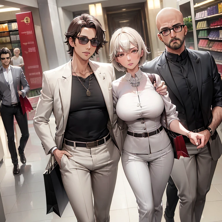 (best quality:1.1), (master part:1.4), (absurdos:1.0), Dutch angle, ambulante, 1 girl, (Mature female:1.4), (MILF:1.2), (top rosa:1.3), beige linen pants, (joias de luxo:1.2), (white jacket), short hair, cabelos pretos, sun glasses, sorriso tortuoso, (shopping:1.2), (rechonchudo:1.1), Seios enormes, olhando para o espectador, 1 homem idoso de 86 anos, (baixo, gordo, careca, roupas folgadas)