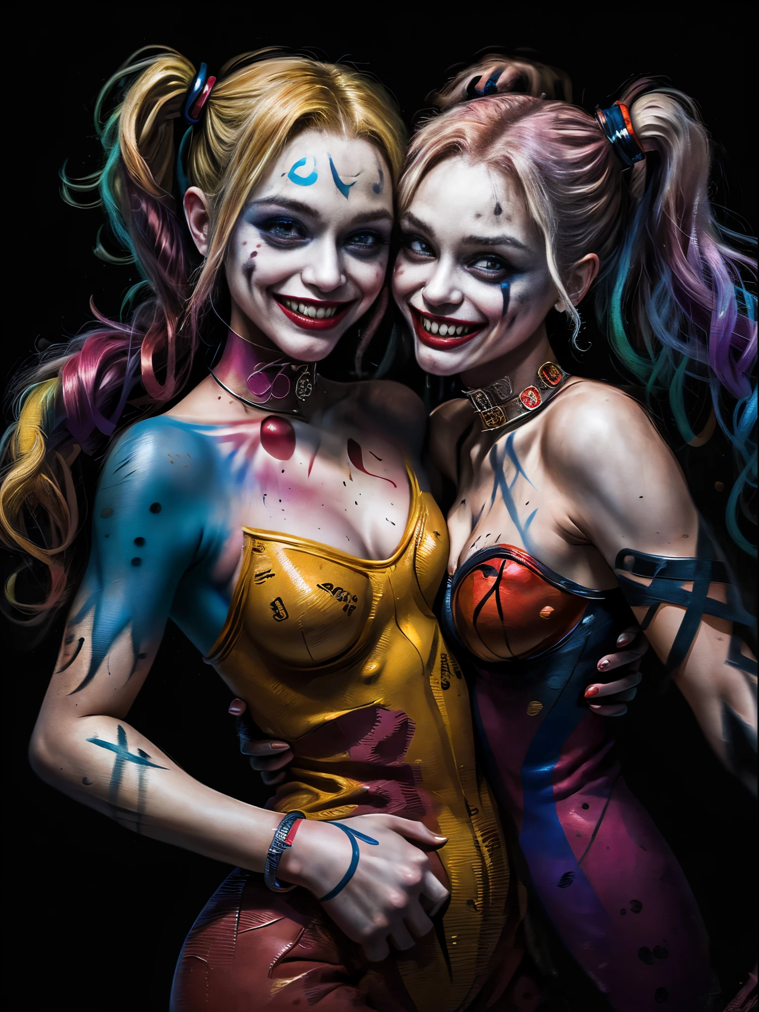 A man sits in front of Harley Quinn, the man is pushing Harley's face toward his groin, his penis is large, he pulls Harley toward his penis, she cries, she is performing fellatio, he forces her to give him a blowjob, he pushes his penis into her mouth, his penis drips with semen, her face get sprayed with semen from the penis , she is screaming, her her hands are tied up,  the man is pulling on her hair, his penis sprays Harley in the face with cum, her face is drips with semen, she is screaming and scared, she is crying, semen drips from her cheek, her breasts are soaked in semen, he skin wet from the cum, she doesn't want to do this, but he uses her like a sex slave