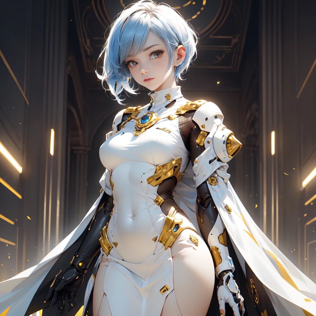 (Best quality, masterpiece, ultra-detail, extremely ultra detailed 8k CG), A woman with a short pixie cut hairstyle, colored in white and featuring a futuristic vibe, elegantly dressed with vibrant touches of golden accents. She stands against a colorful abstract background surrounded by golden particles, creating a captivating mecha-inspired aura, professional lighting, front lighting, extremely close shot,