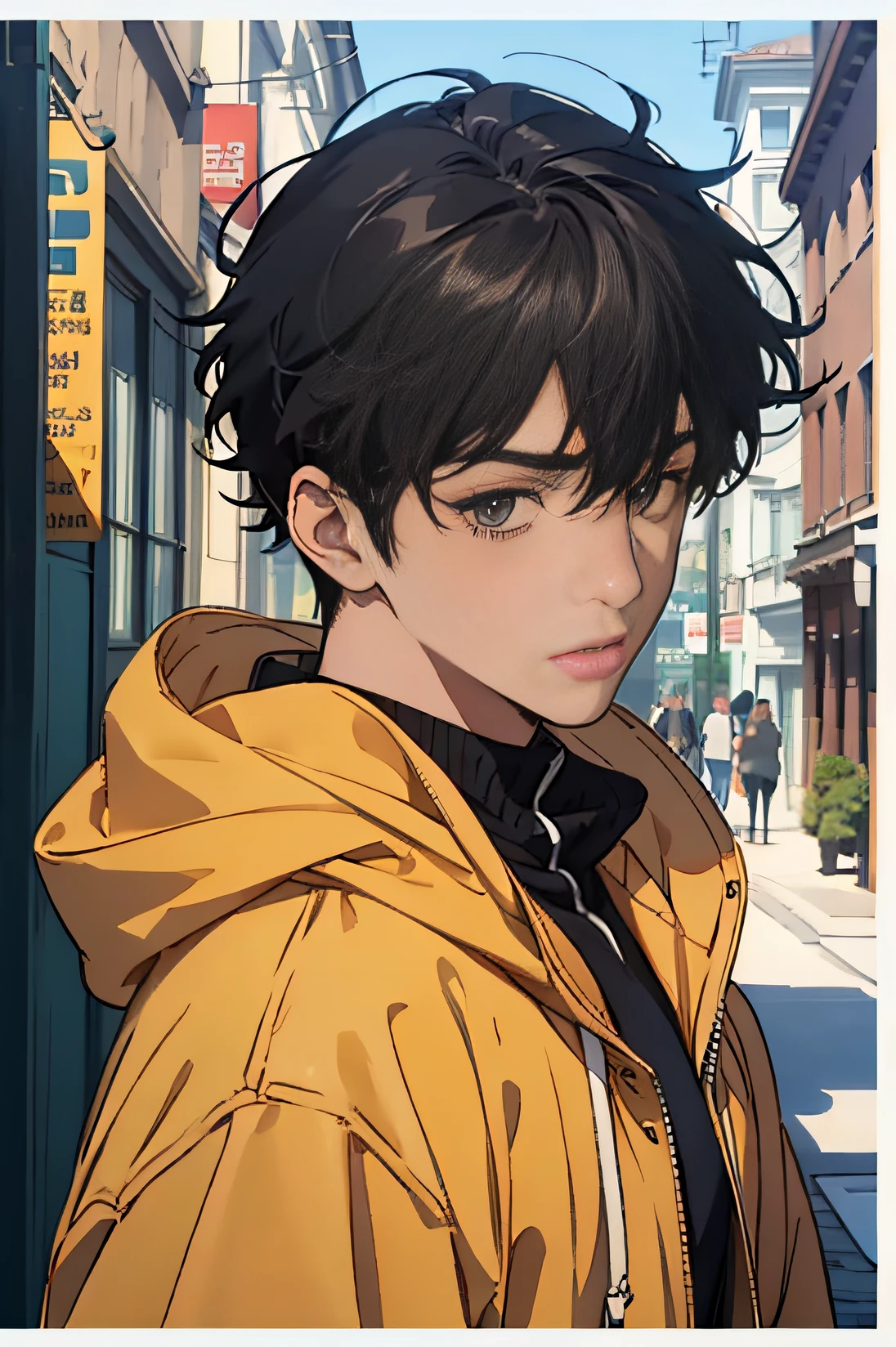 ((best quality)), ((masterpiece)), (detailed), perfect face, 1boy, solo, handsome, yellow hoodie, curly black hair, looking at viewer, portrait, talking to viewer, Fujimoto Style iit collage in background
