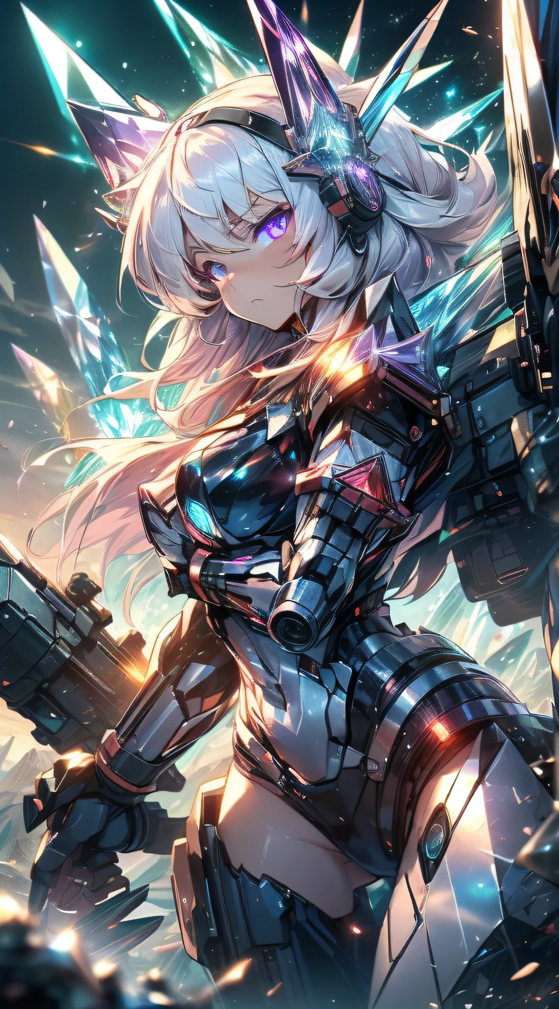 top-quality、Top image quality、masterpiece、girl with((Black glowing aircraft、glowing mechanic suit、18year old、r、cute little、Best Bust、big bast,Beautiful shining purple eyes、Breasts wide open, white hair、Longhaire、A slender,Large valleys、belligerent movements,sharp claws、beam cannon on the right、Gatling gun in left hand、right rear missile launcher、left rear rocket launcher、Crystal visor on the right eye、being filmed、battle suits)),hiquality、Beautiful Art、Background with((crystal battlefield)))、,masutepiece、depth of fields,Cinematic style