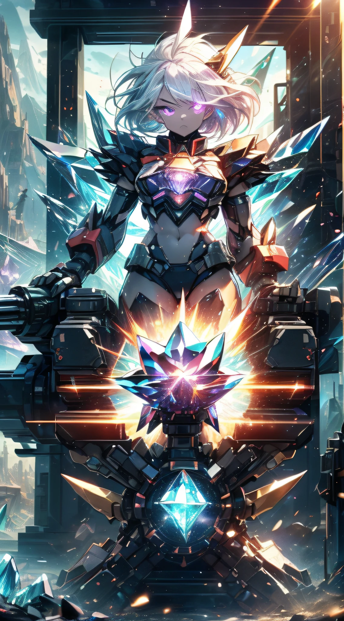 top-quality、Top image quality、masterpiece、girl with((Black glowing aircraft、glowing mechanic suit、18year old、r、cute little、Best Bust、big bast,Beautiful shining purple eyes、Breasts wide open, white hair、Longhaire、A slender,Large valleys、belligerent movements,sharp claws、beam cannon on the right、Gatling gun in left hand、right rear missile launcher、left rear rocket launcher、Crystal visor on the right eye、being filmed、battle suits)),hiquality、Beautiful Art、Background with((crystal battlefield)))、,masutepiece、depth of fields,Cinematic style