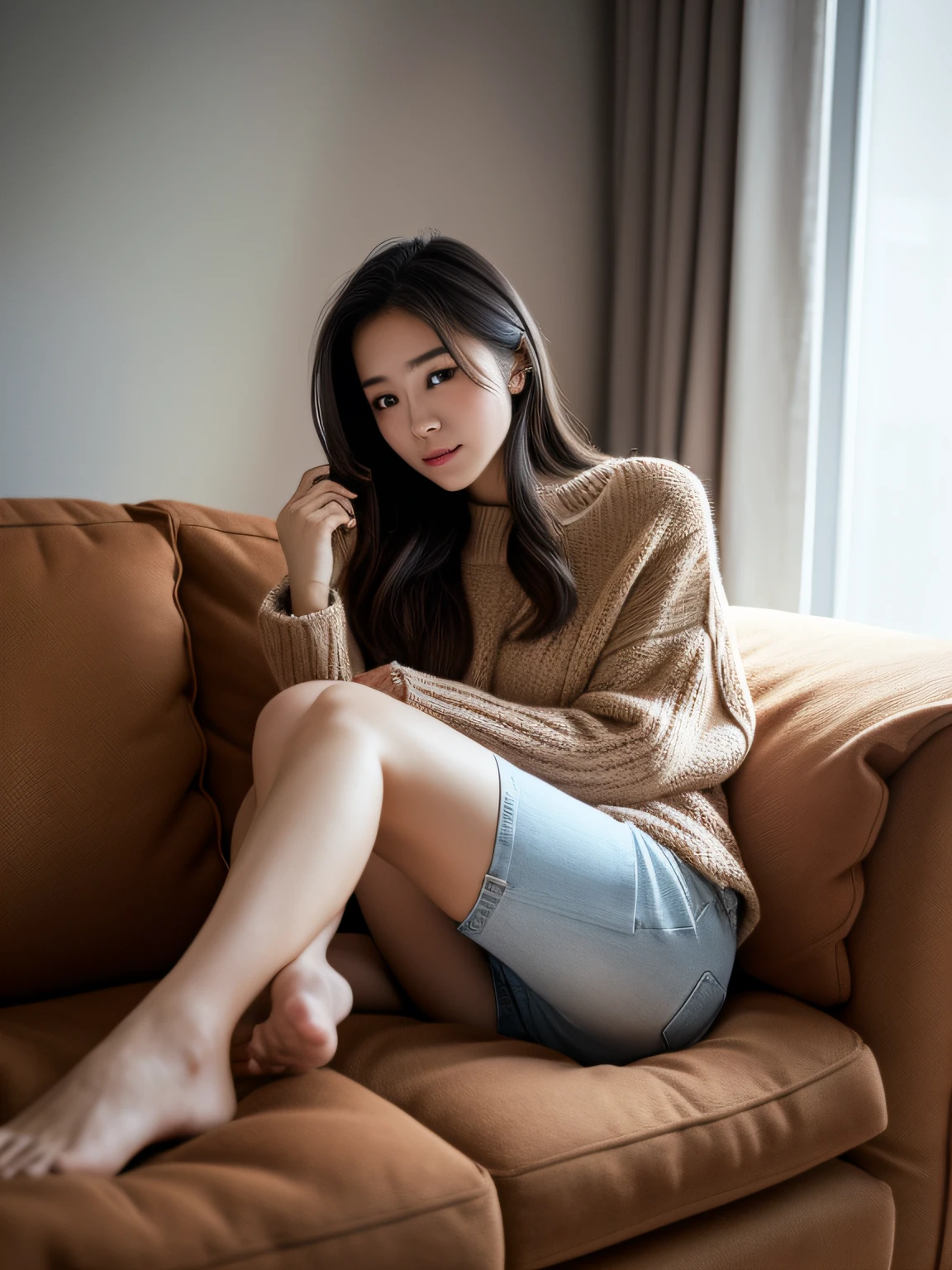 1girl in,Sitting on a cozy sofa,cross one's legs,Soft light