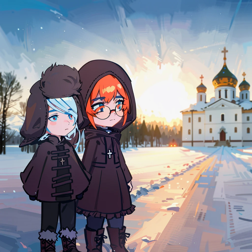 anime characters standing in the snow in front of a church, siberia!!, russian temple, petros and leonid, in the winter, traditional russia, neo norilsk, russian villages at background, slavic!!!, inspired by Ike no Taiga, russia, beautiful russia of the future, magical soviet town, russian village, cold as ice! 🧊