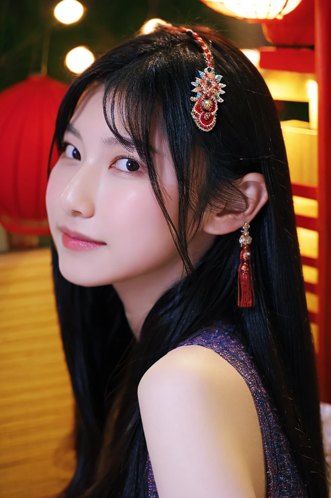 20yr old, 8K, RAW portrait of (japanaese girl), photographrealistic, 超A high resolution, Best Quality, Real life photography , Dramatic, Atmospheric, ( At night :1.1),
1girl in, a very beautiful japanese girl, glamour shot of girl, Long hair, Natural Skin, Closed mouth, Smile, Slender body, (grin:0.5)
Big beautiful detailed eyes, Black hair, beautiful detailed nose, (flat chest:0.5), 
komono, Upper body, Hair Ornament,
Simple background, (tilt head:0.3), Look Camera, from the rear